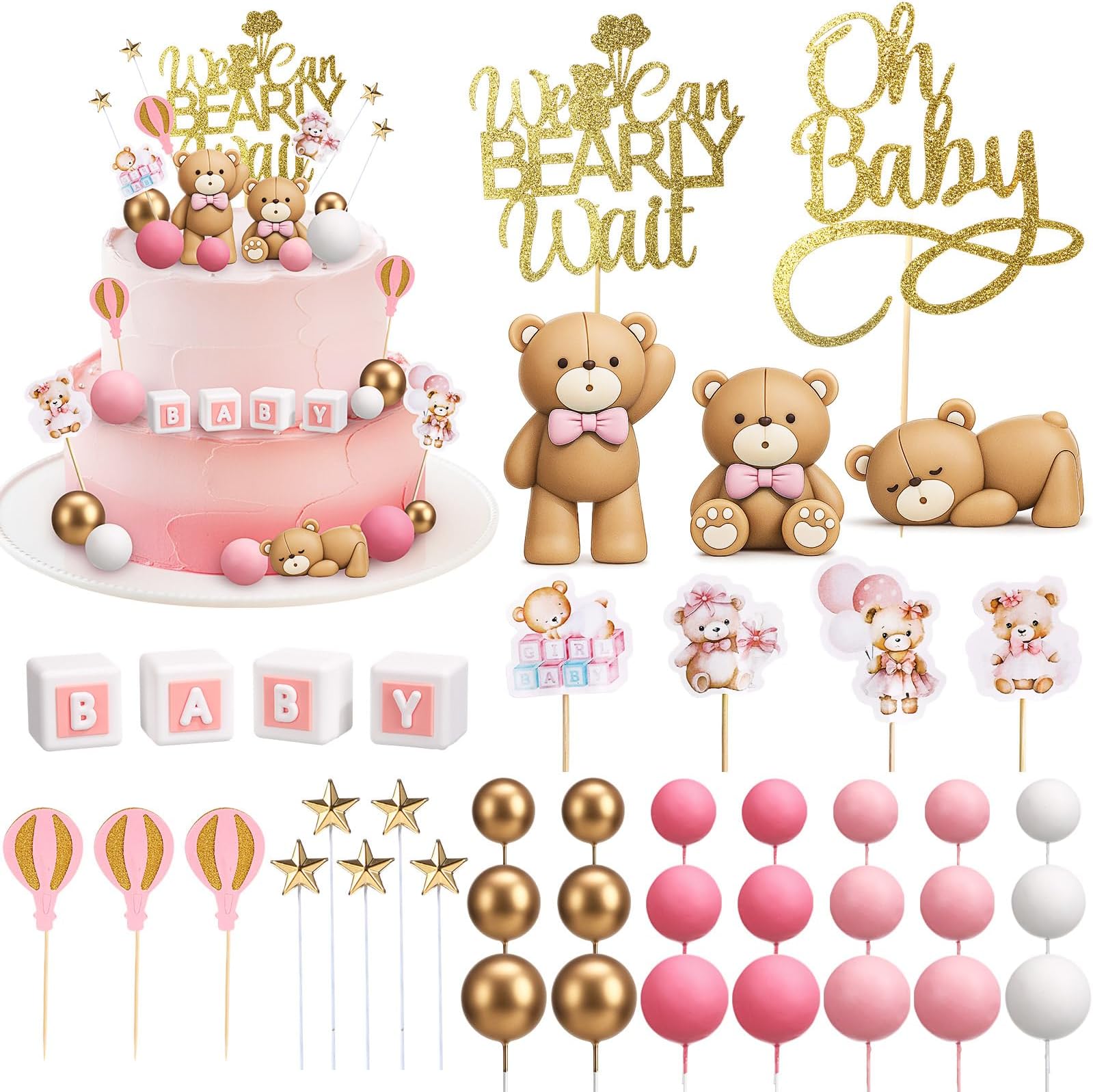 Beeveer 42 Pcs Bear Cake Toppers Bear Balls Cake Decorations Baby Shower Cupcake Toppers Candle Decorations Supplies for Birthday Party Wedding Baby Shower(Pink)