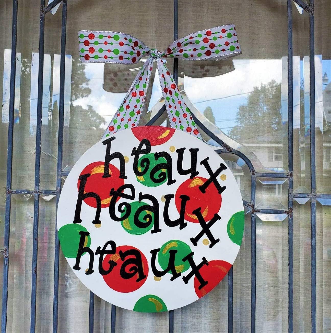 Heaux Heaux Heaux Christmas Cajun Southern New Orleans door hanger- Ho Ho Ho 10" circle wood sign- decor- wreath- polka dot- red green gold
