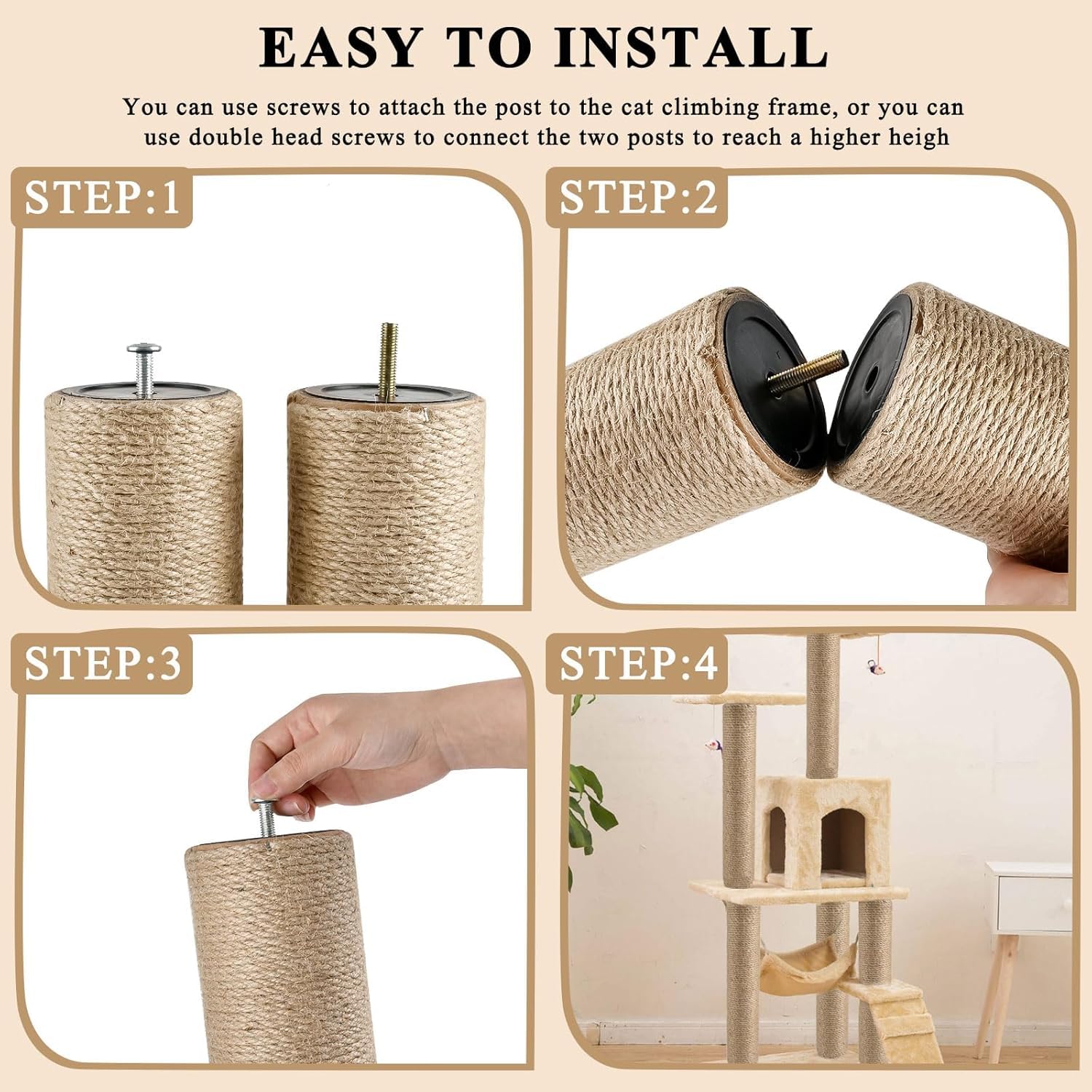 Lot de 4 griffoirs de rechange en toile de jute naturelle avec 8 vis M8 et 1 clé à molette pour l'intérieur, tour chaton (30 x 8,4 cm)