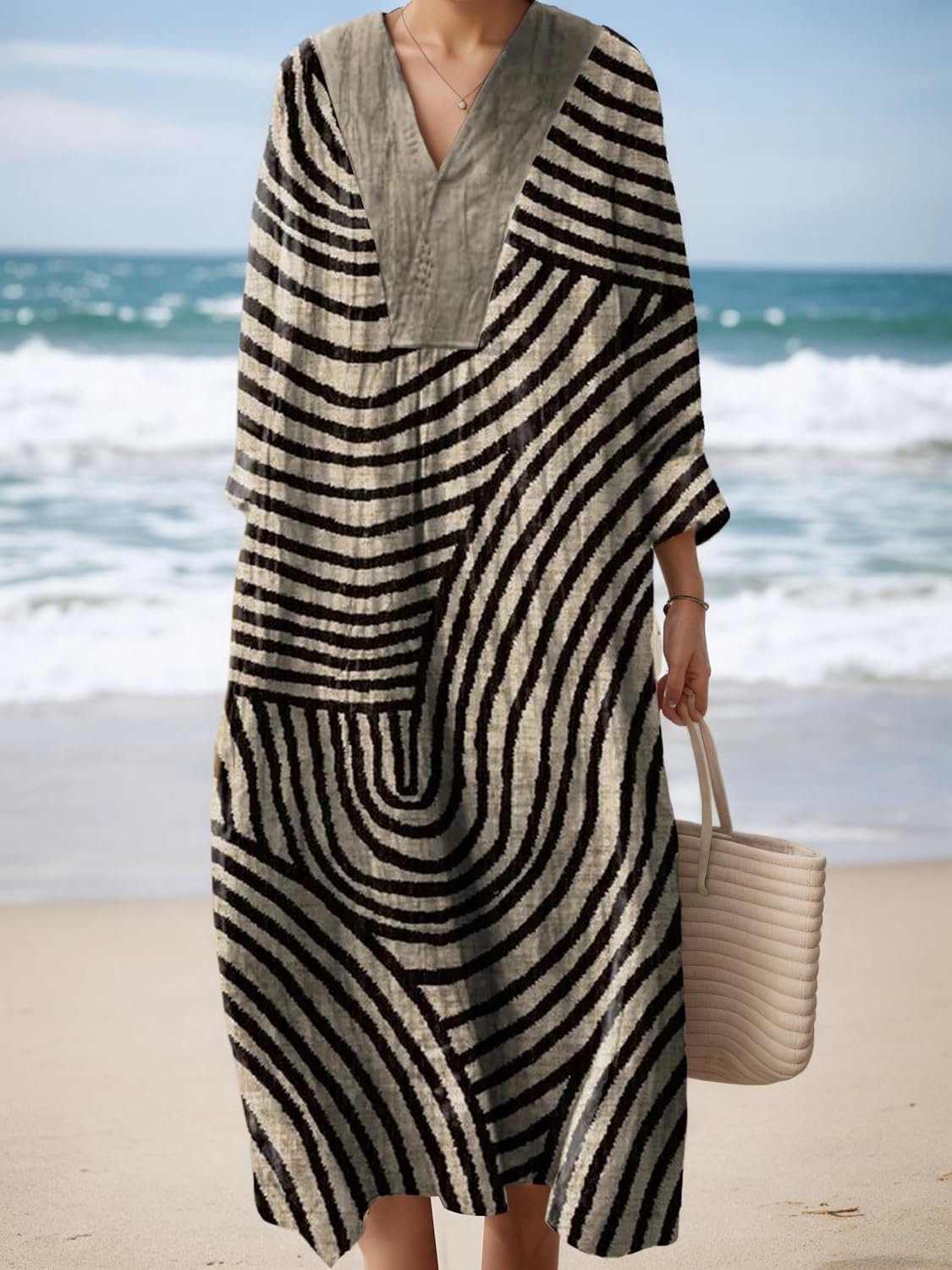 Women's Spring Boho Smocked Long Sleeve Maxi Dress Summer Floral Casual Loose V-Neck Long Dress with Pockets - Image 2