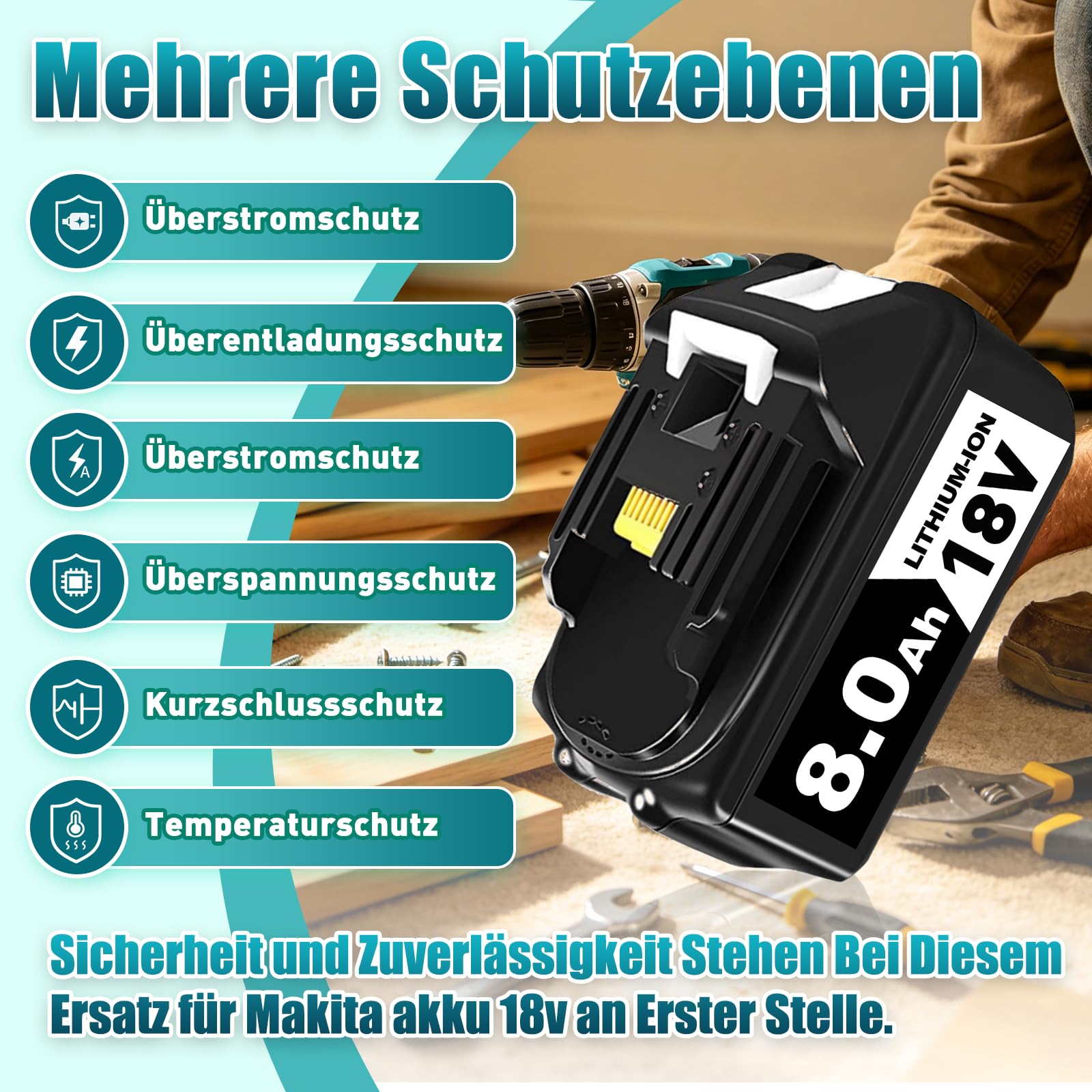 6 Stück 8.0 Ah/8000mAh Ersatzakku für Makita Akku 18v mit Ladegerät DC18RD,Li-ion Akku für Makita Akku BL1860B BL1860 BL1850B BL1850 BL1845 BL1890 BL1830 BL1415 BL1430 194205-3 LXT-400