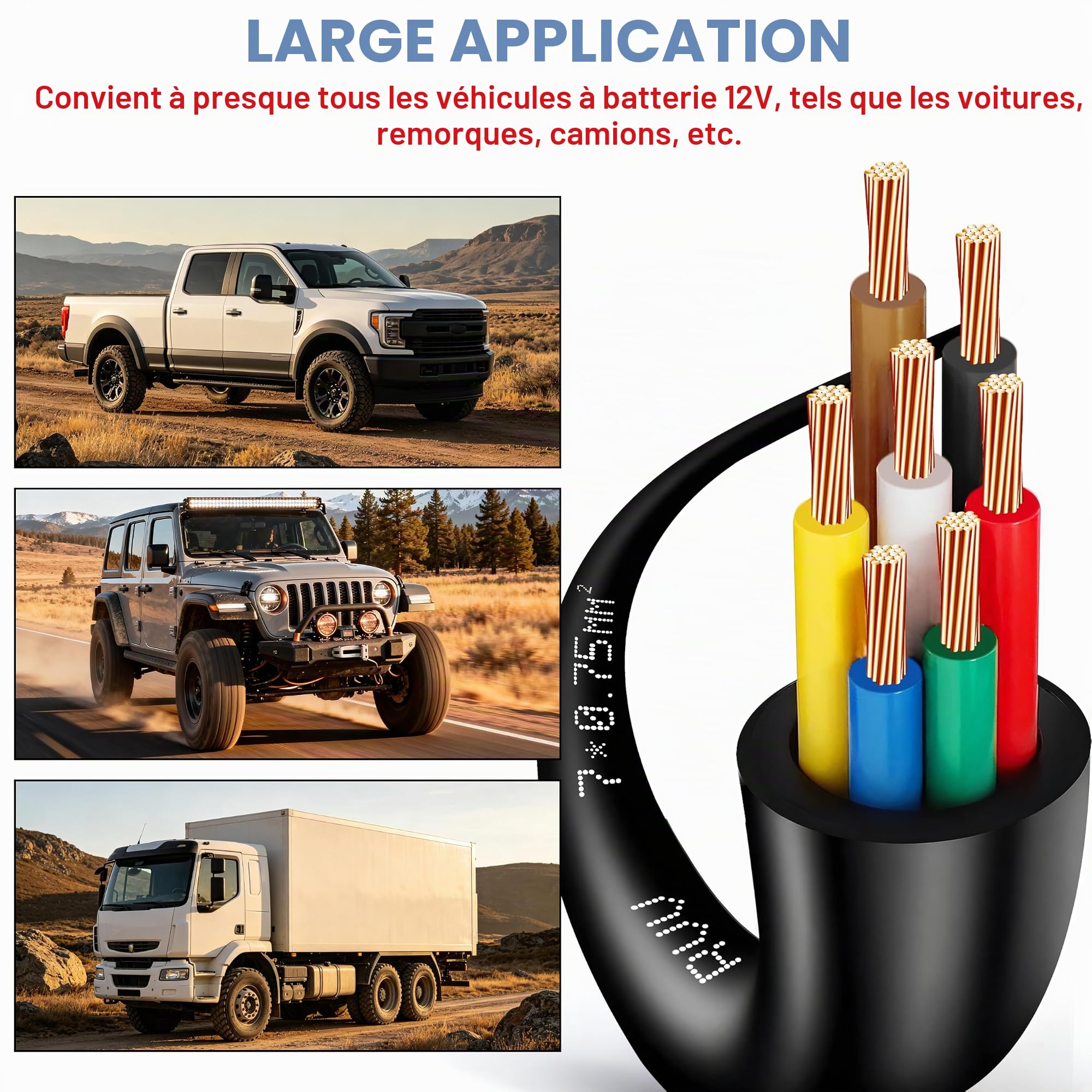 Câble 7 conducteurs 12 V 24 V Fil de automobile, 5 m pour remorques Camping-Car, 7 Fils électrique rond à paroi 7 x 0,75 mm² pour connexion de câblage