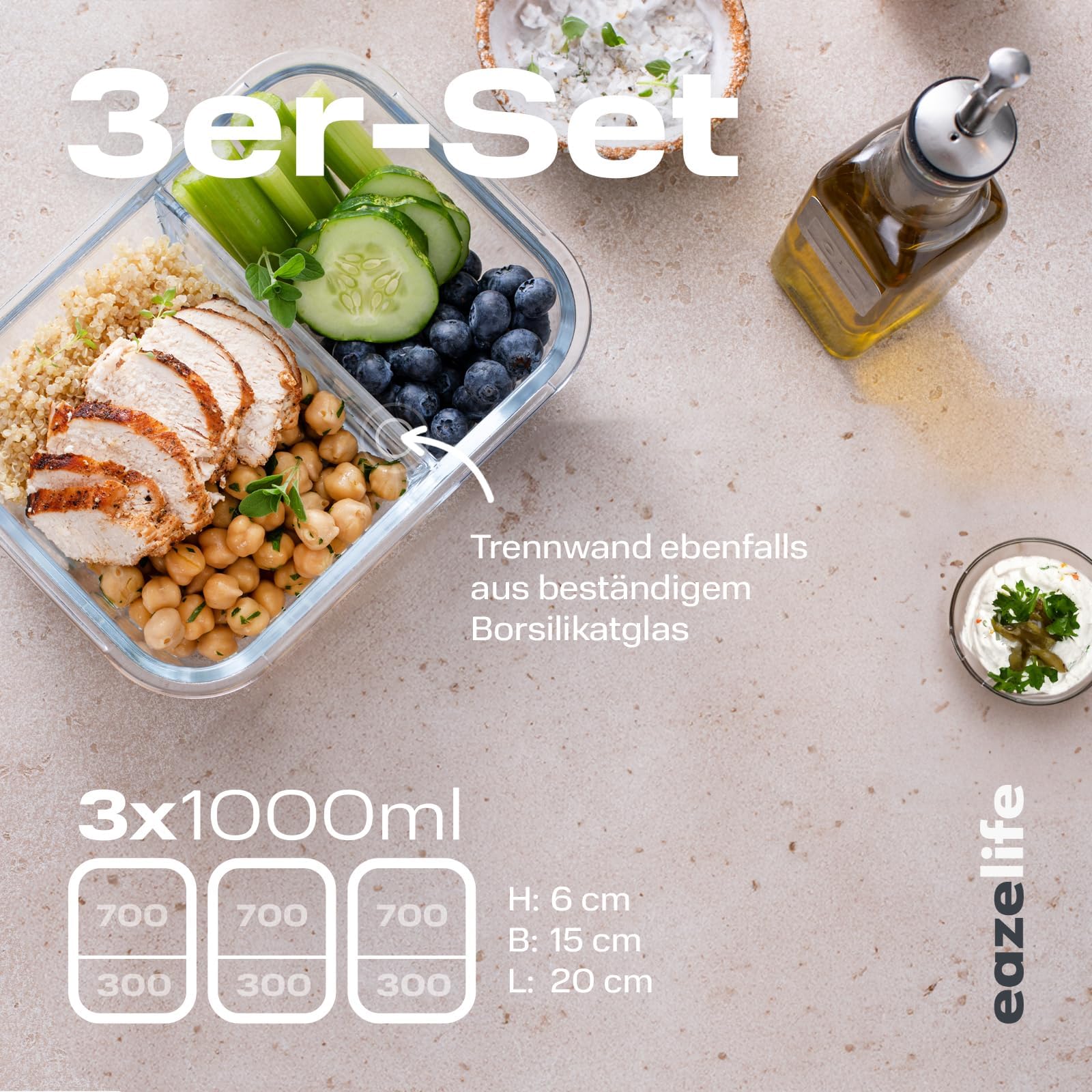 Meal Prep Box - Juego de 3 recipientes herméticos con tapa, herméticos, sin BPA, resistentes al calor, aptos para microondas y congelador, 3 x 1000 ml con divisor