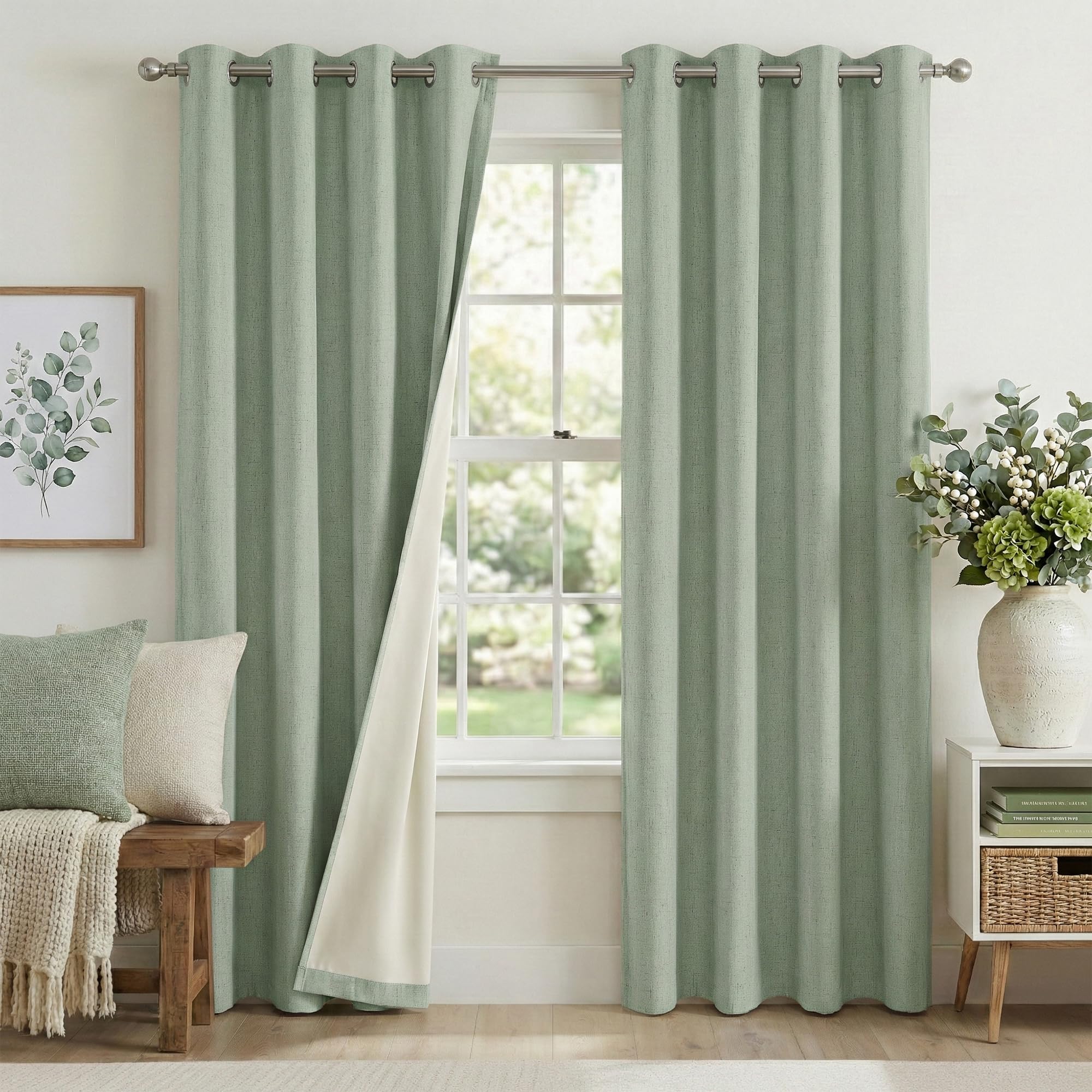 PONY DANCE Sage Green Total Blackout Curtains with Beige Coated Backing - Textured Faux Linen Eyelet Curtains for Bedroom & Living Room, Thermal Insulated, 52 x 72 Inch（132 x 83 cm）, 2 Panels — image 1