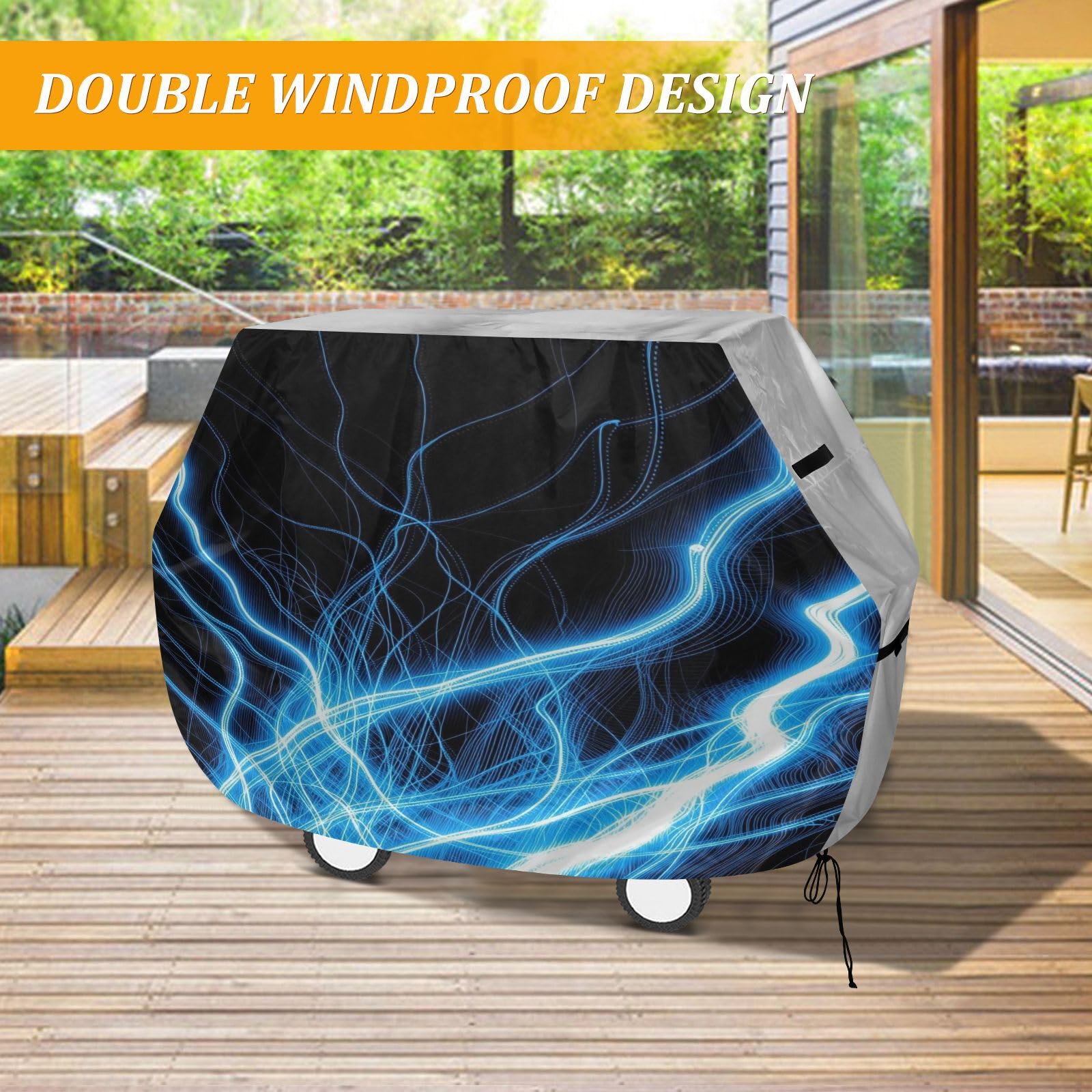 Funda para parrilla de barbacoa de 65 pulgadas, resistente con cordón ajustable para parrilla de barbacoa al aire libre, color azul eléctrico, diseño de rayo