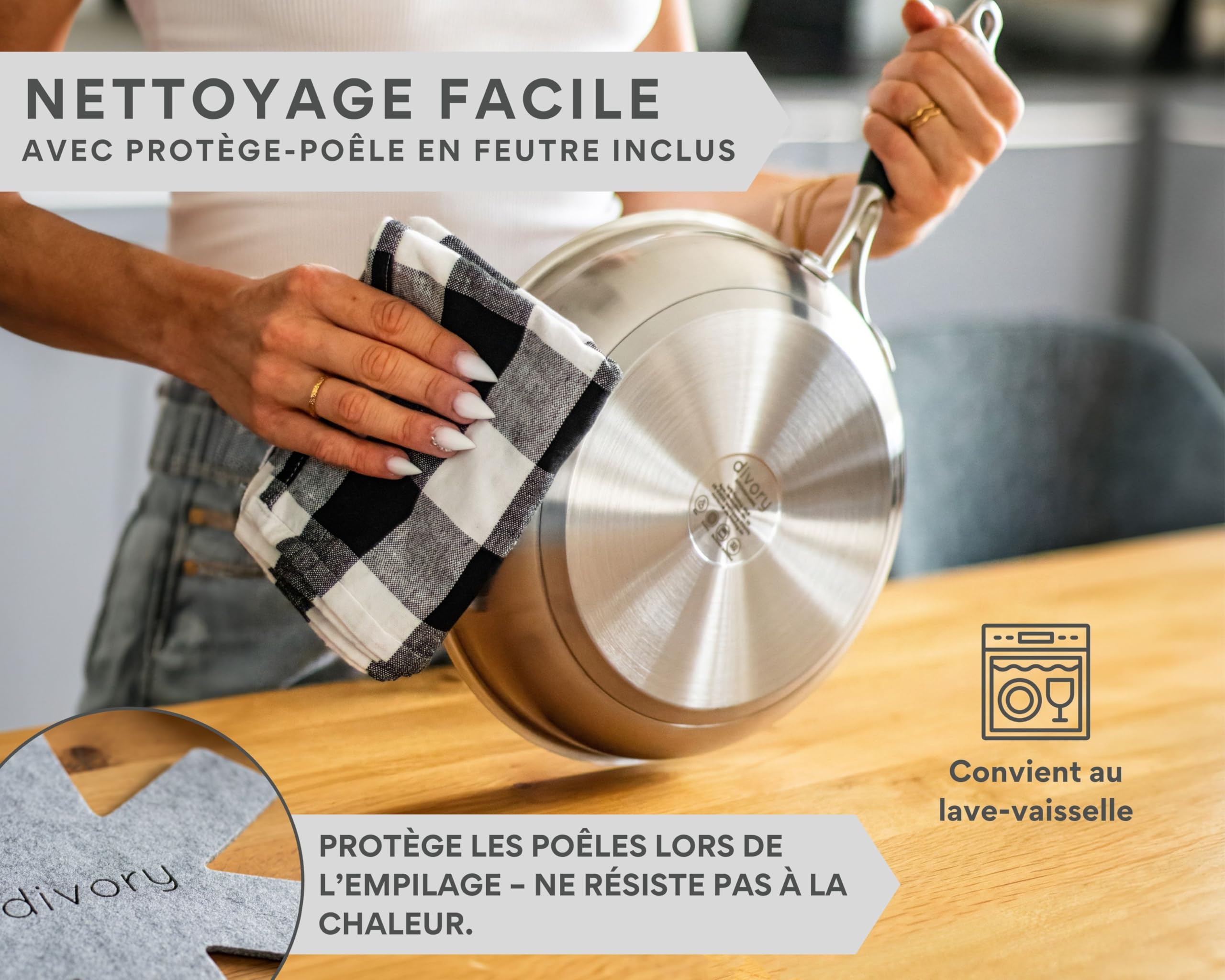 DIVORY Poêle en inox 32 cm – Sans revêtement, sans PTFE & PFOA, pour induction, grande poêle en acier inoxydable (PURA, 32 cm)