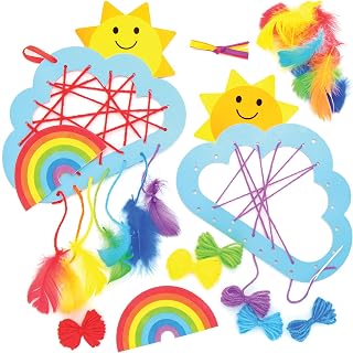 Baker Ross AT774 Rainbow Dreamcatcher Kits - Pack of 4, Create Your Own Dreamcatcher Kits for Kids Arts and Crafts, Wall Decorations for Girls and an Introduction to Sewing,Blue,Green,Purple