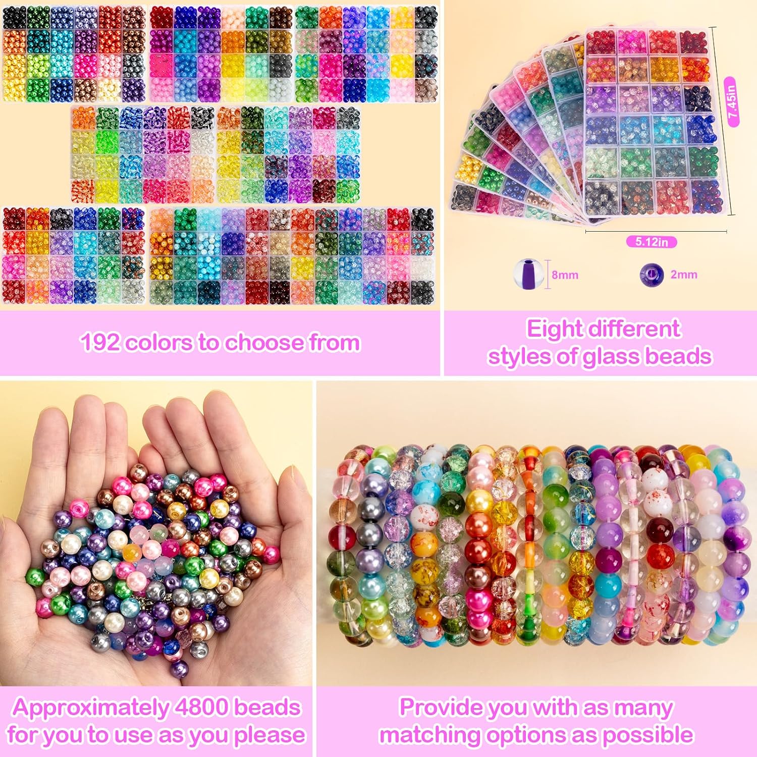 XSEINO 192 Colors 4800pcs 8mm Dream Candy Colorful Series Glass Beads Bracelet Making Kit,8 Box Different Unique Styles Crystal Bead for Making and DIY Crafts