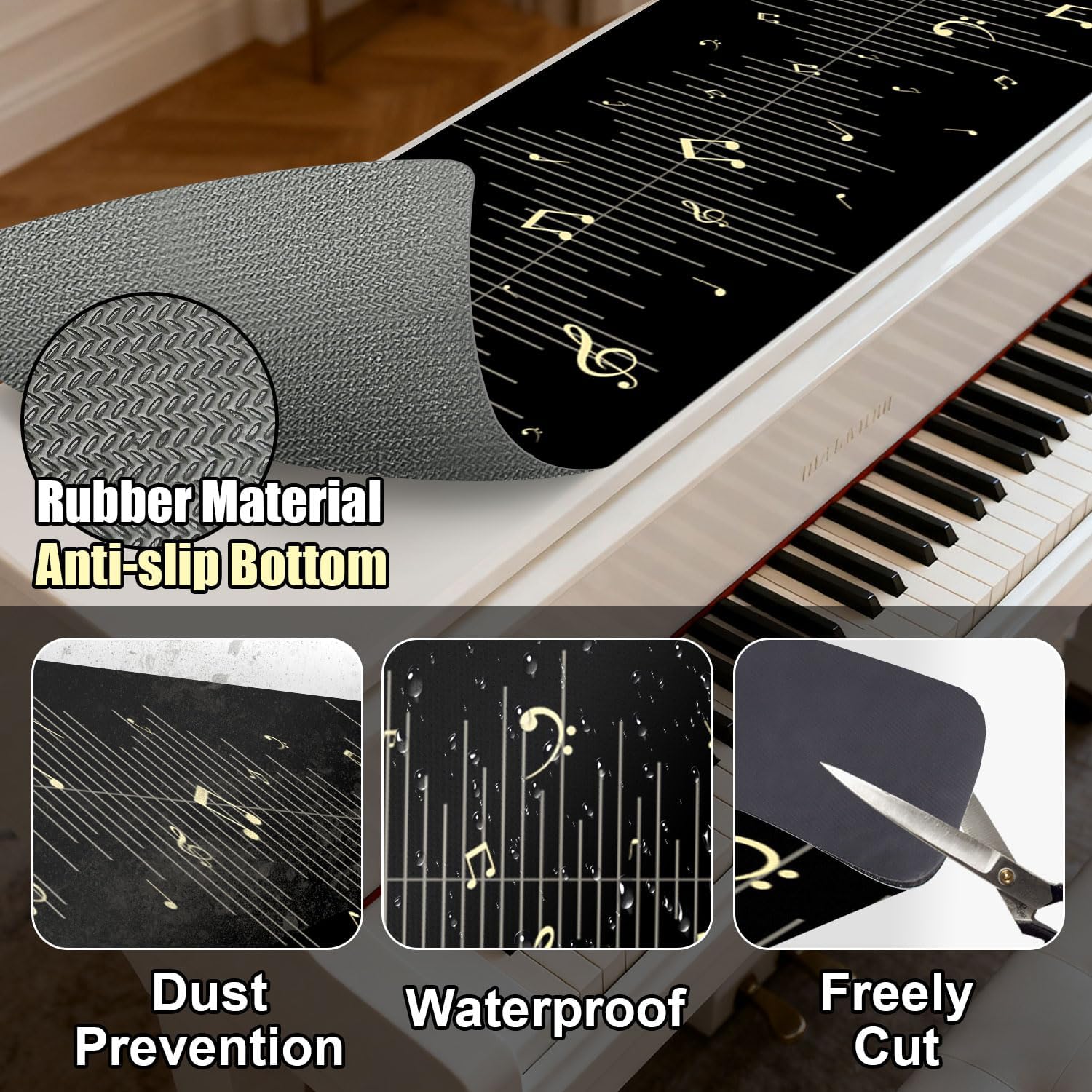 Piano Top Runner Mat, Non-Slip Rubber Bottom, Free Cut Top Protector Dust-Proof Covers for Piano Musical Instrument, Chiffonier, Chest of Drawers, TV Stand, Television Cabinet(Black Note, 61" x 13.8")