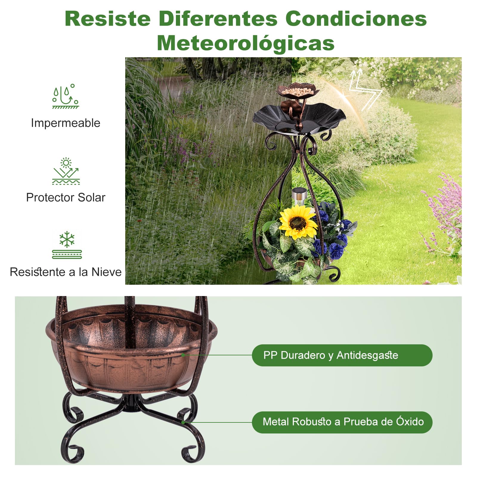 GYMAX Comedero Solar para Pájaros de Exterior, Bañera para Pájaros con Luz Solar LED, Jardinera Inferior de Flores, Marco Metálico, Bebedero Decorativo Vintaje para Ave (Bronce Antiguo)