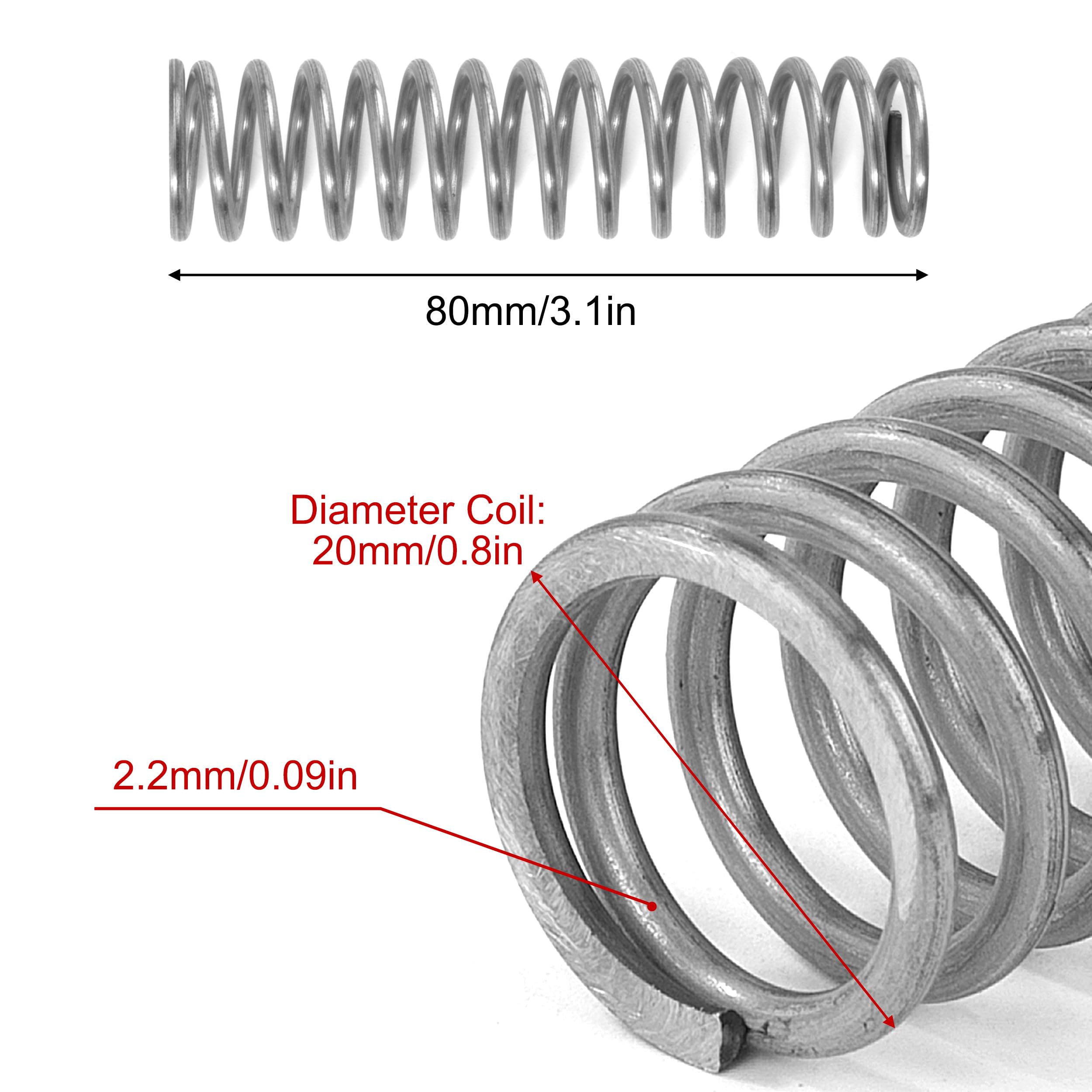 Sprężyny ściskające 80 mm sprężyna ze stali nierdzewnej 304 średnica drutu 2,2 mm średnica zewnętrzna 20 mm siła sprężyny 9,6 kg 4 sztuki