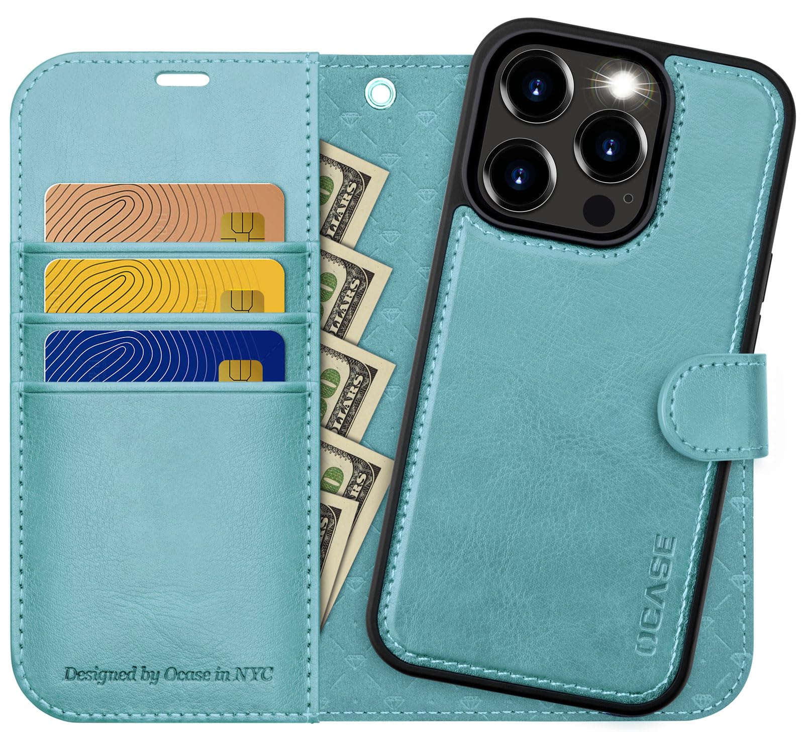 OCASE for iPhone 15 Pro Detachable Wallet Case with Card Holder, [2 in 1] PU Leather Flip Folio Case with RFID Blocking Magnetic Stand Removable Shockproof Phone Cover 6.1 Inch, Mint Green