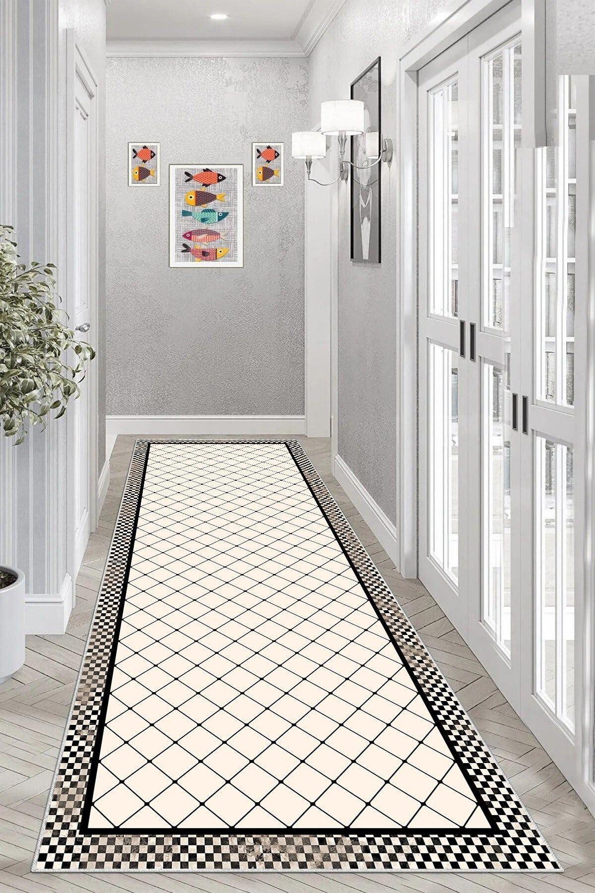 Pelangi Geometrik Desenli Dijital Baskı Yıkanabilir Kaymaz Taban Etnik Modern Desen Salon Halı, Bej-Siyah 80 x 300, 9555375803007
