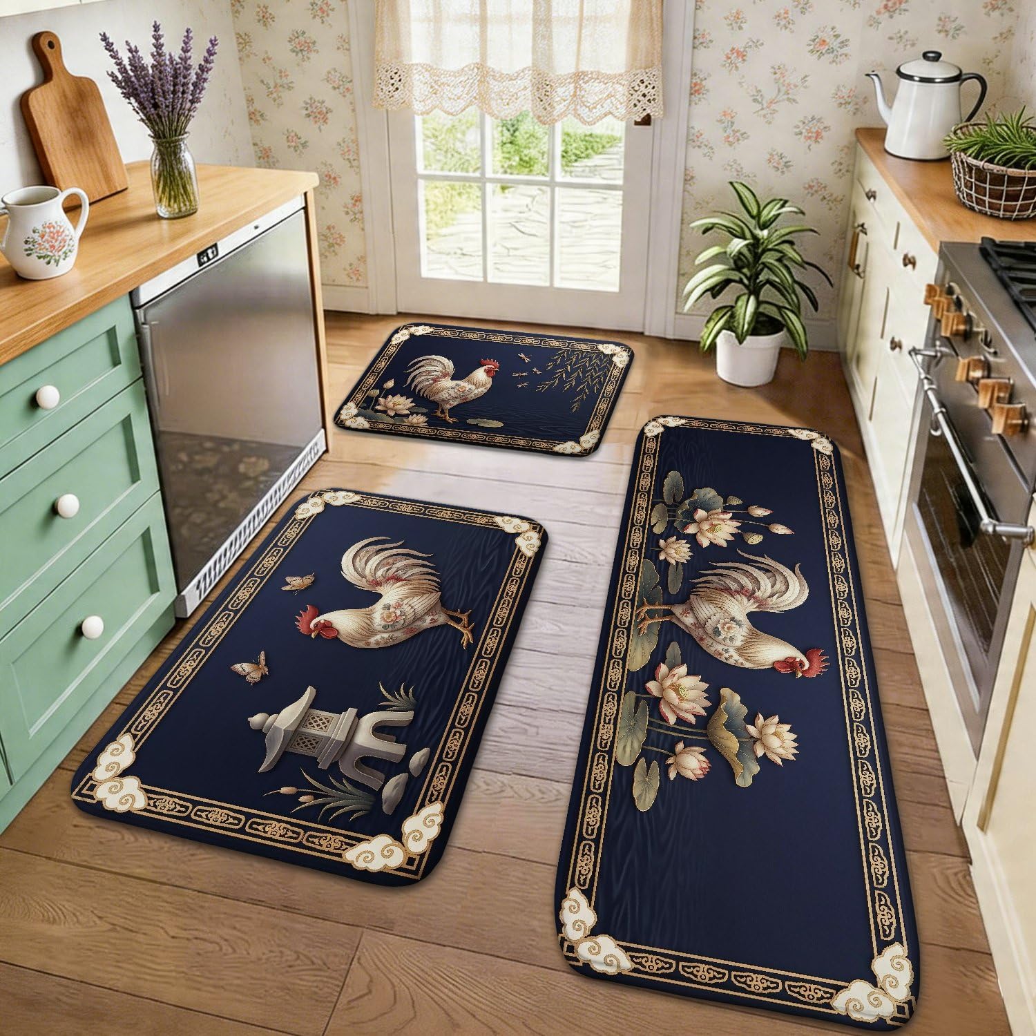 Tapis de cuisine vintage lavable lot de 3 tapis sol bleu marine antidérapant