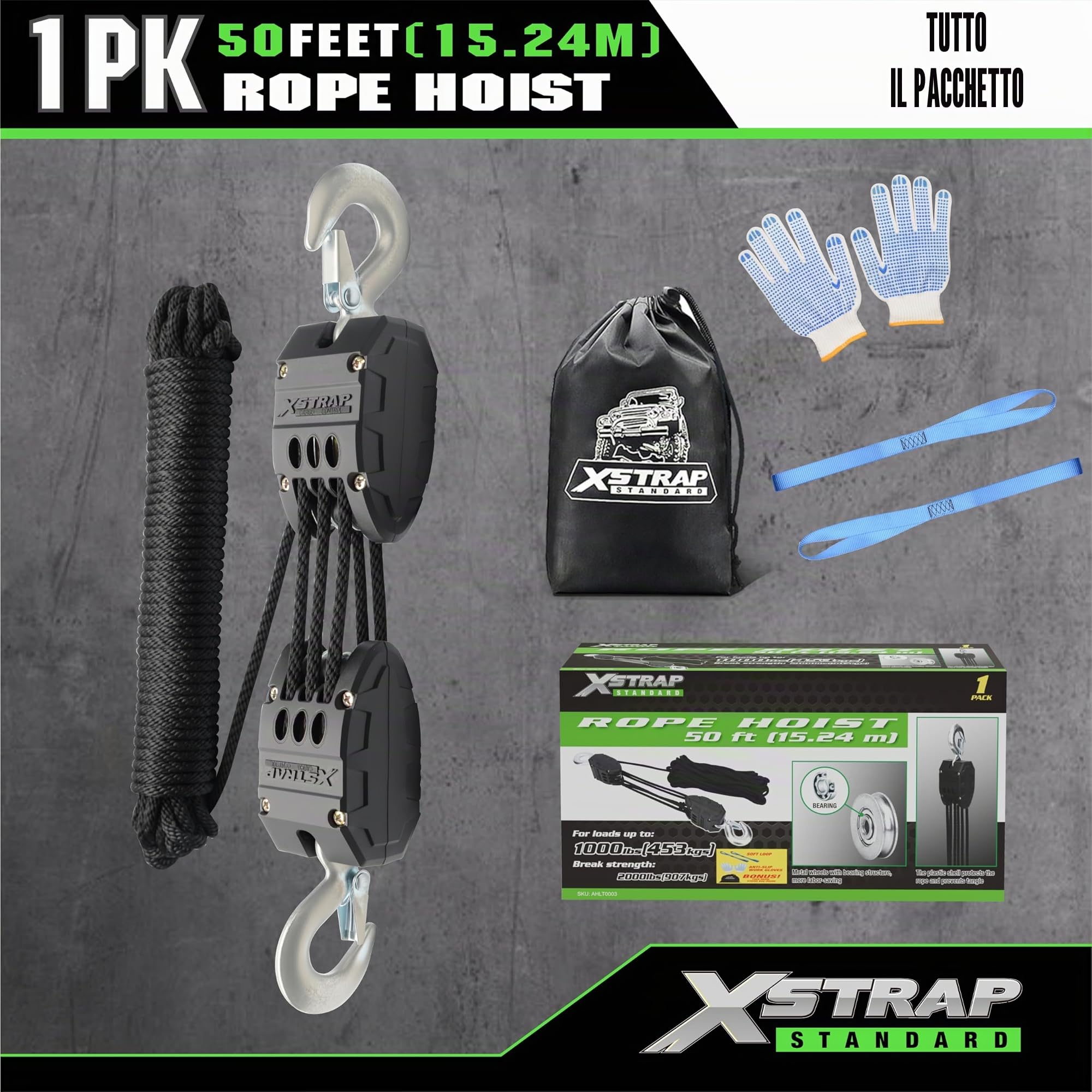 XSTRAP - Paranco a corda da 15,2 m, con sistema di puleggia per sollevare oggetti pesanti, resistenza alla rottura di 907,2 kg, con 2 anelli morbidi (nero)