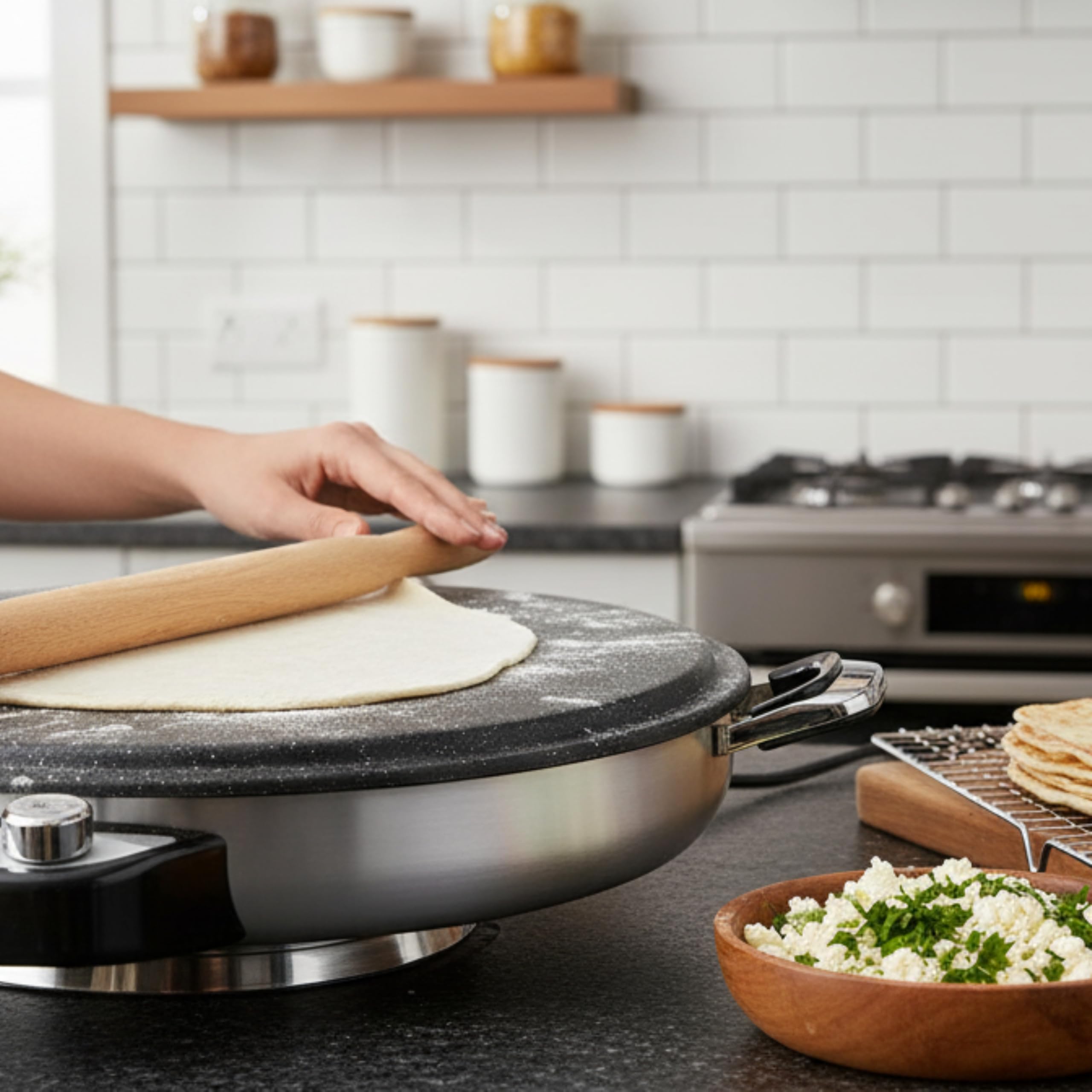 Fladenbäcker 50cm – Elektrischer Pfannkuchen Yufka Katmer Gerät – 2300W, beschichtet, Temperaturregler, Edelstahl, 17474