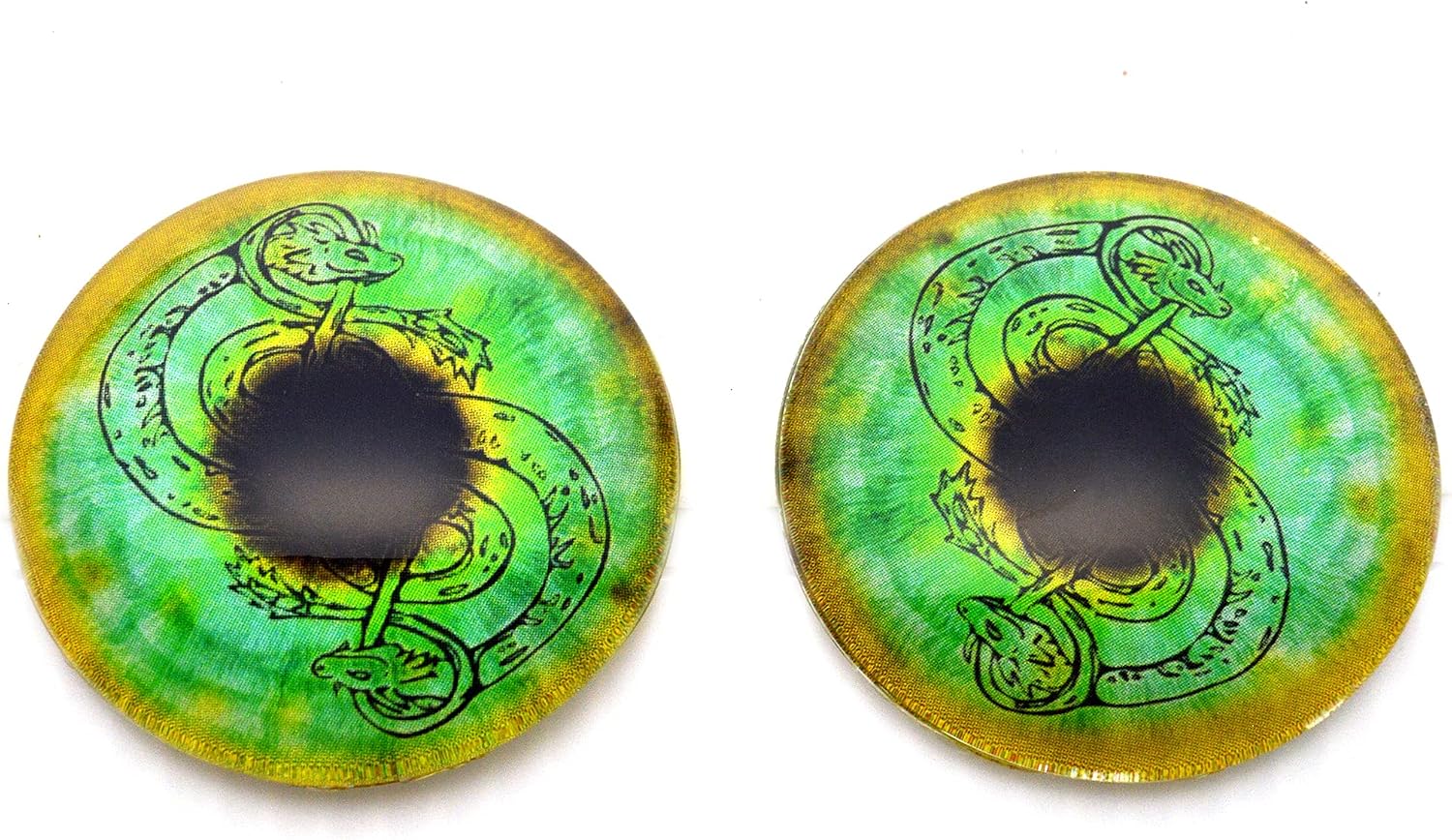 Green and Gold Loki Snake Viking Glass Eyes Fantasy Cabochons Pair for Art Doll Parts, Sculpture, Jewelry Making, Taxidermy, Raven, Flatback Dome Fantasy Pendant (60mm)