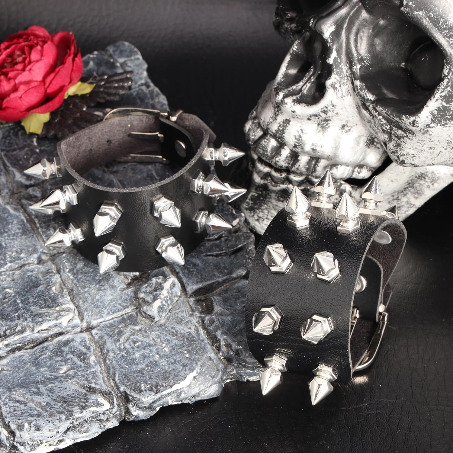 Manfnee Leather Cuff Bracelet Punk Bracelet Rock Braided Rivets Wristband for Men Women Adjustable - Image 6