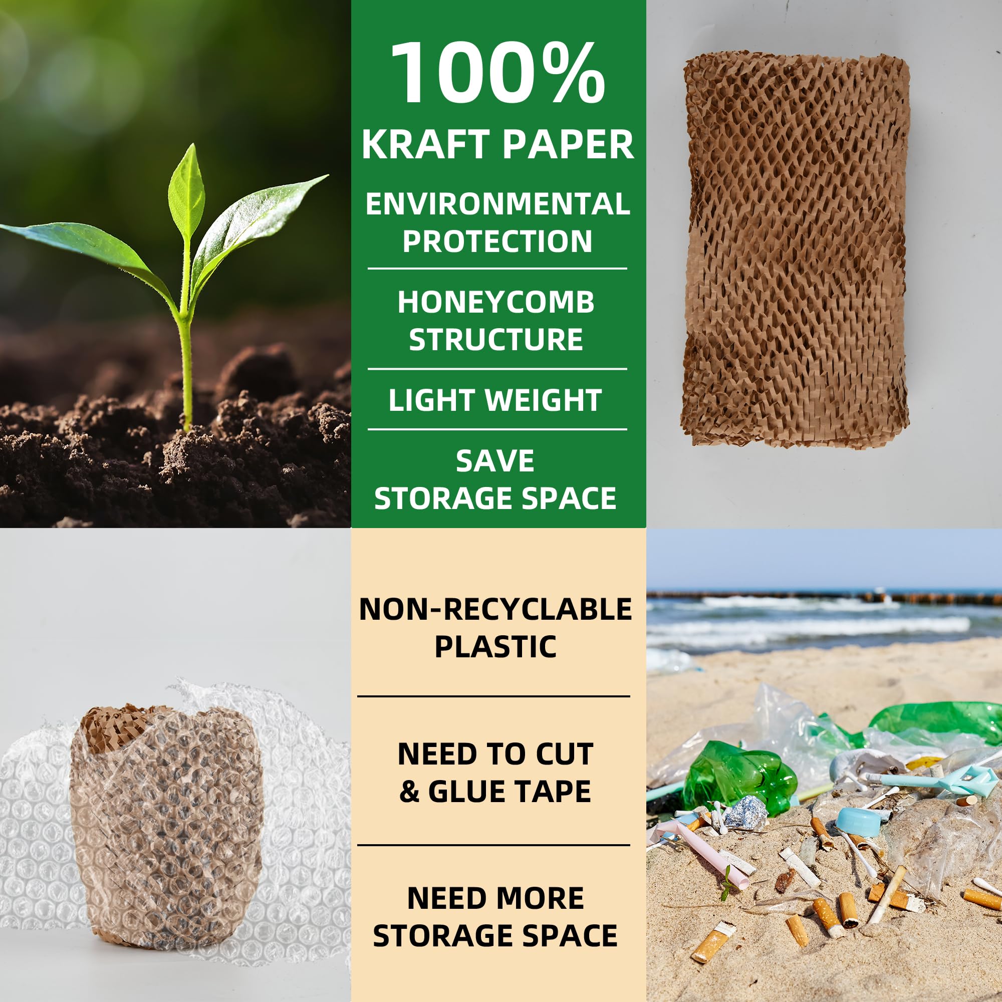 Rollo de papel de embalaje de panal de abeja de 15 x 3780 pulgadas (96 m) – Papel de regalo ecológico con calcomanías frágiles y de etiquetado, guantes, papel de panal reciclable | Alternativa al