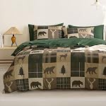 Wake In Cloud - Ensemble de confort rustique, chalet de Noël Ferme Western Lodge Woodland Wildlife Patchwork RV Thème extérieur, Doucement Léger Literie, 3-Piece, Taupe, taille du roi