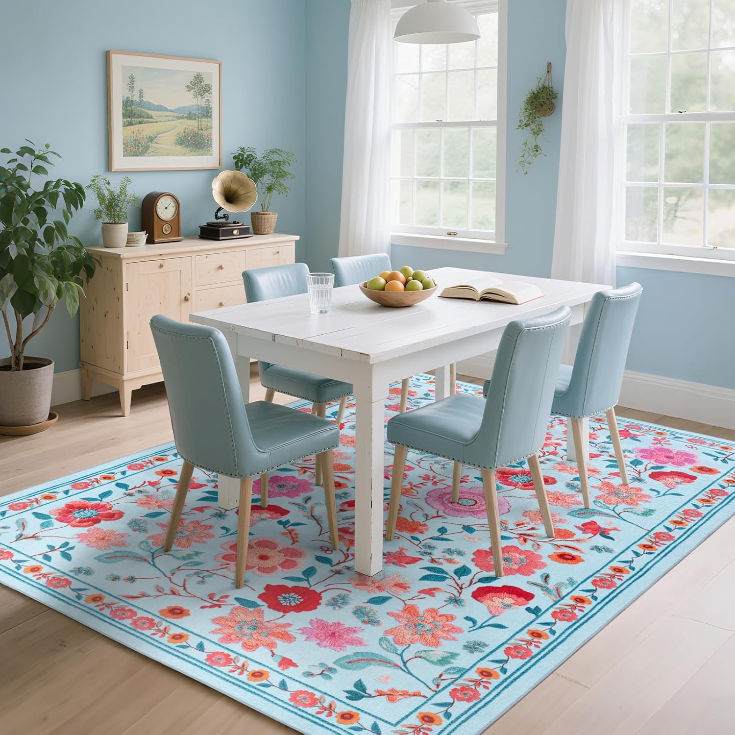 Living Room Rug 6x9 Rug, Machine Washable Area Rug Non Slip Low Pile Floral Rug for Living Room, Bedroom, Farmhouse, Dining Room, Kids Playroom, Blue