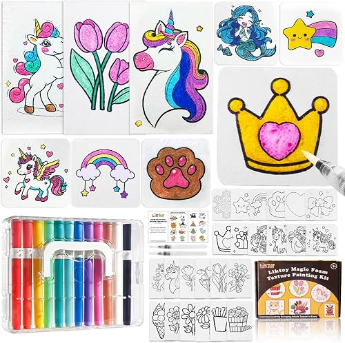 Liktoy 40Pcs Magic Foam Texture Painting Kit, 24Pcs Foam Texture Paper, 12 Colorful Brush, 2 Water Brushes, 3D Effect Texture Painting Set, Ideal for Halloween, Christmas, Birthday Gifts