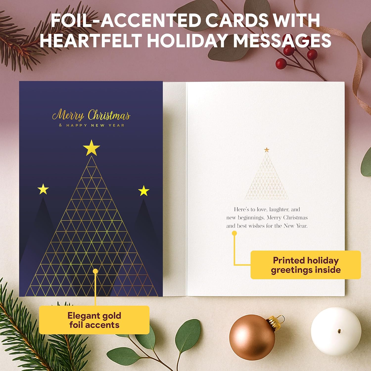 Decorably 24 Pack Gold Foil Embossed 4x6in Minimalist Modern Assorted Christmas Cards with Envelopes & Stickers - 4 Holiday Designs Seasons Greetings for Friends & Family, with Printed Message Inside - Image 6