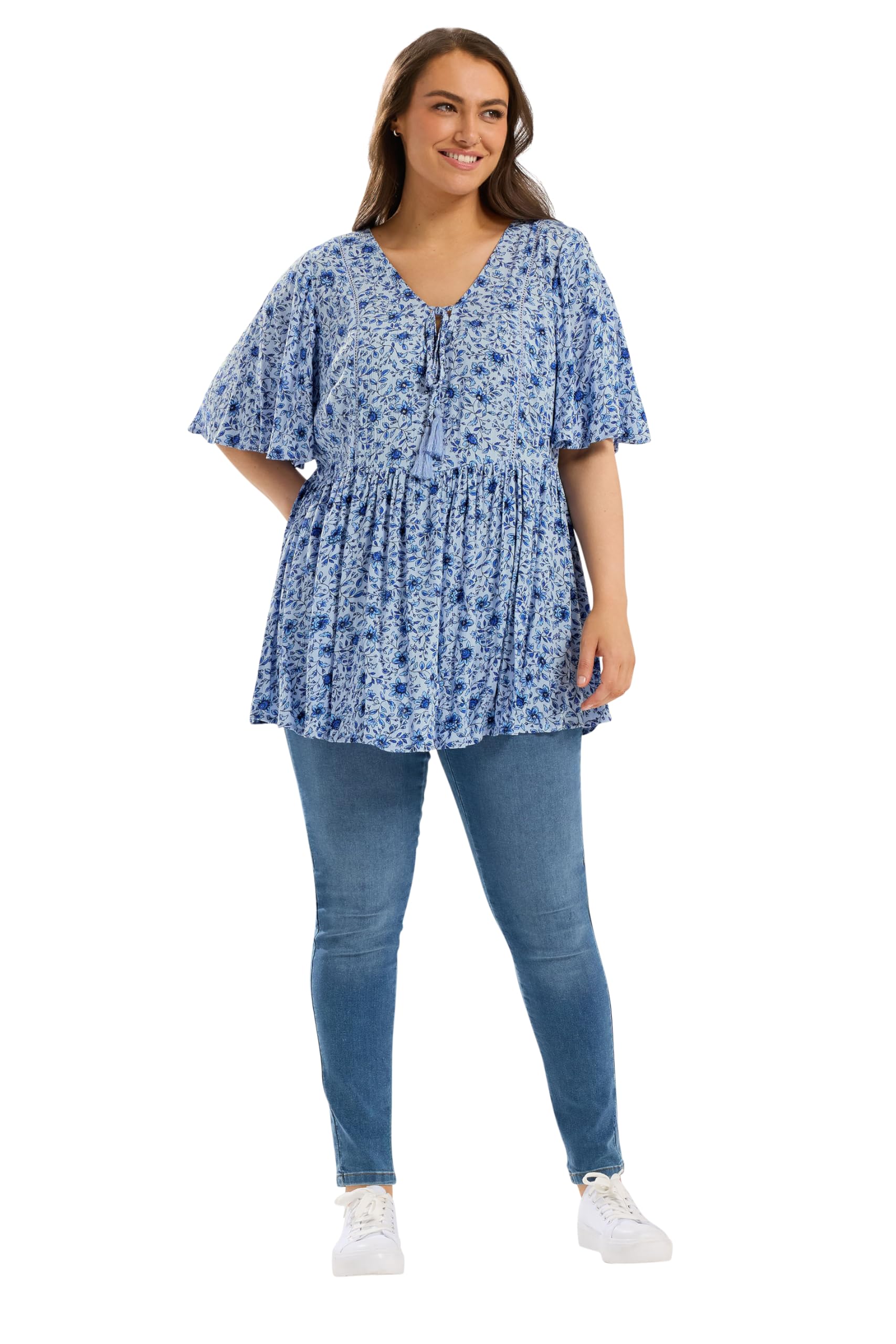 Yours Women's Blue Floral Embellished Tie Neck Top In Size 22-24