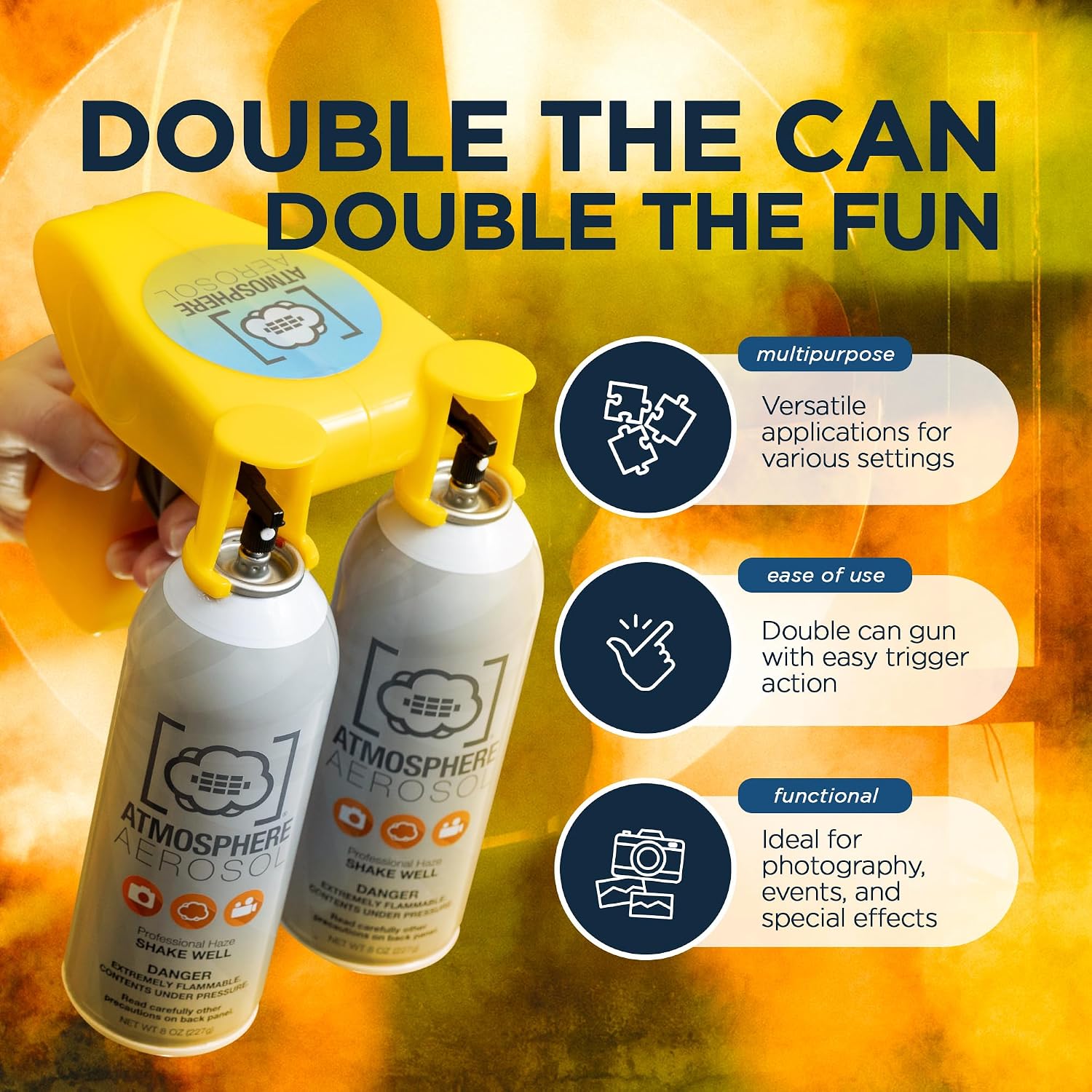 Atmosphere Aerosol - Double Spray Applicator with Trigger Handle, 1pc - Double Spraying for Creating Fog and Haze Effects in Photoshoots - Yellow - No Haze in a can Included