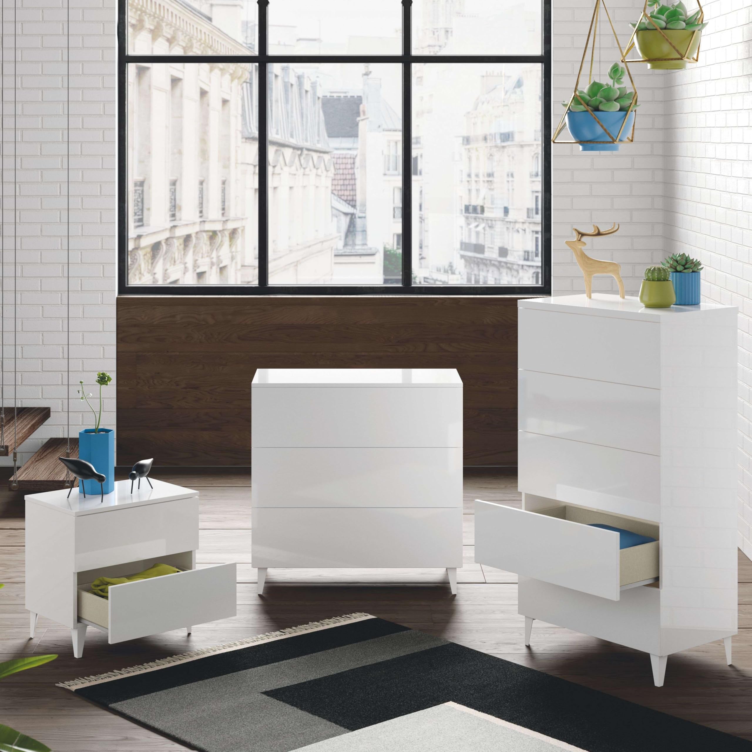 Habitdesign Cómoda 5 Cajones, 117x61x40 (AltoxAnchoxFondo-en cm), Sinfonier Dormitorio Color Blanco Brillo, Modelo Loft