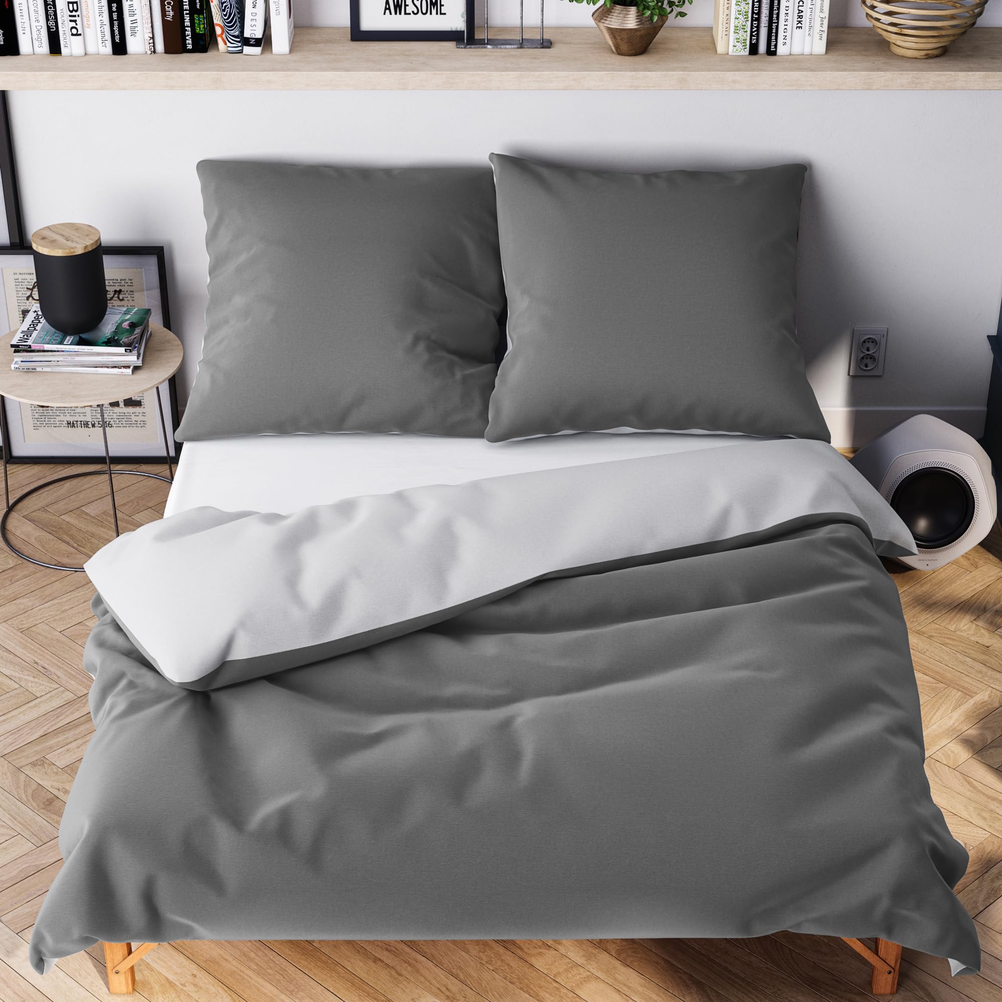 Wolkenfeld Mikrofaser Bettwäsche 135x200 cm – Kuschelig Weich, Bügelfrei & Doppelt Gebürstet – Oeko-TEX Bettwäsche-Sets – 1x Bettbezug 135x200 + 1x Kissenbezug 80x80 – Hellgrau/Dunkelgrau