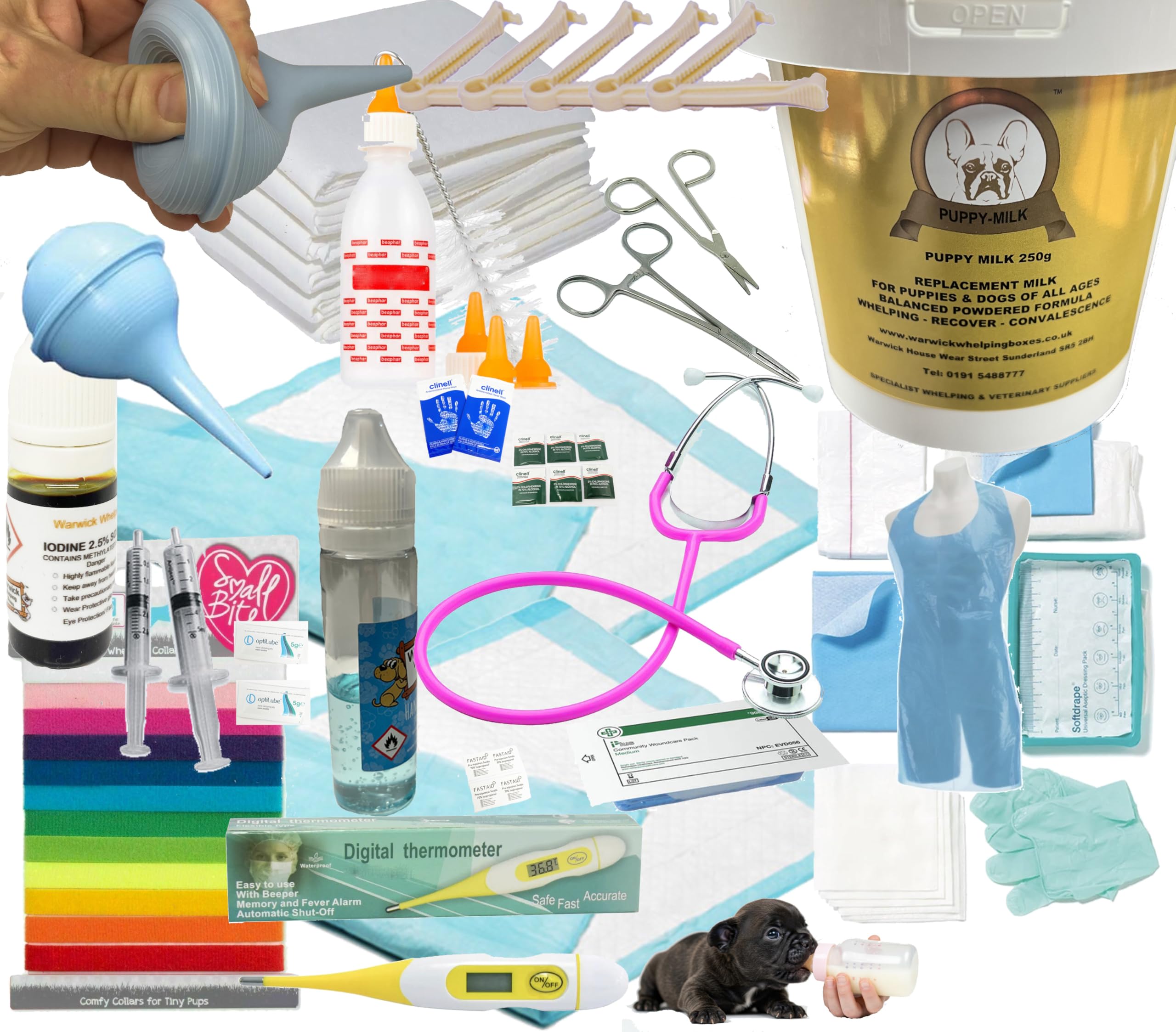 Warwick Whelping Boxes® Deluxe Puppy Whelping kit with 250g Milk & 12 x Small Bite Whelping Puppy ID Band Collars 3443.1