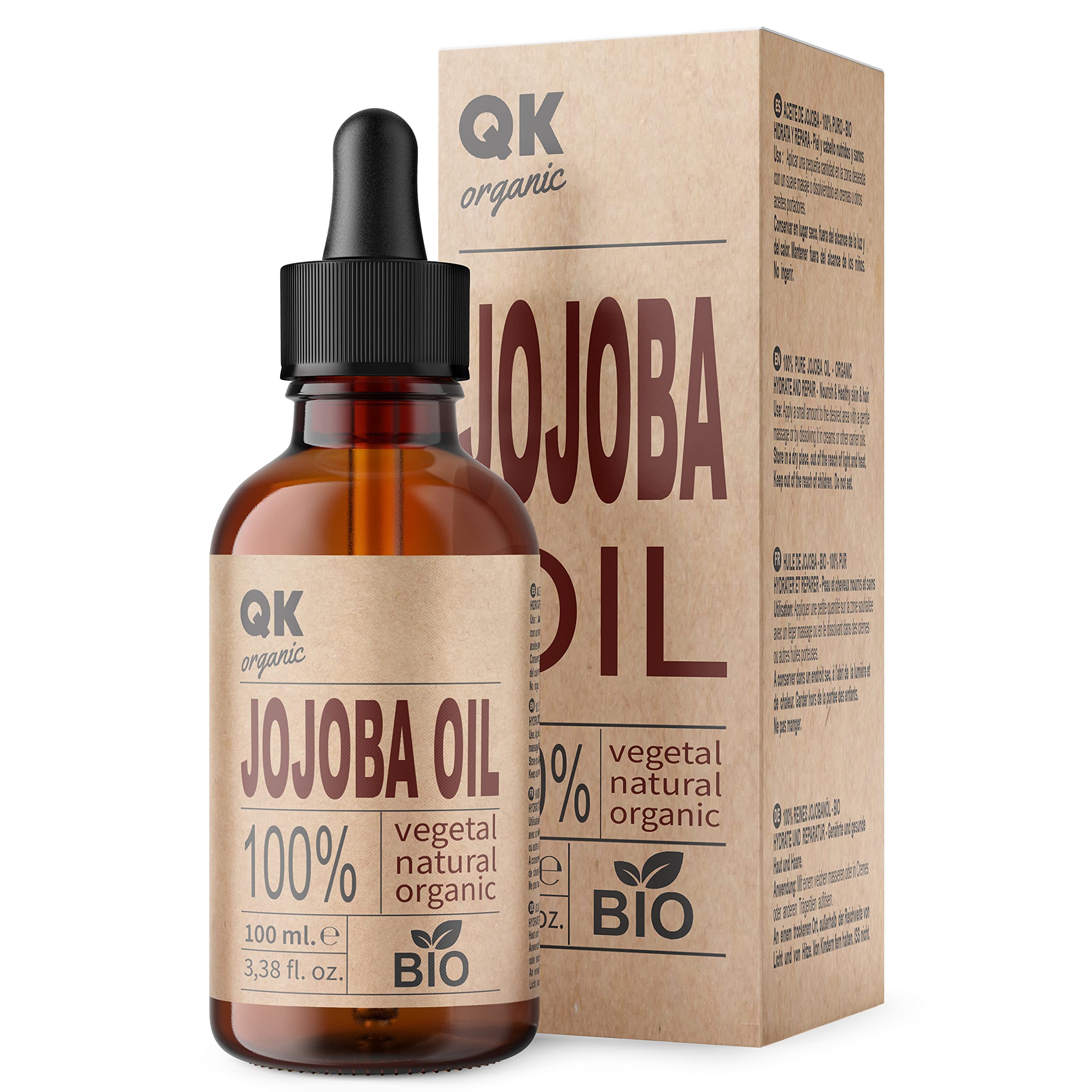 QKnatur - Aceite de JOJOBA 100% Puro Orgánico Vegano - 100 ml - para Cuerpo, Rostro, Cabello, Uñas, Barba - Antiarrugas y Antiacné- BIO - Prensado en Frío