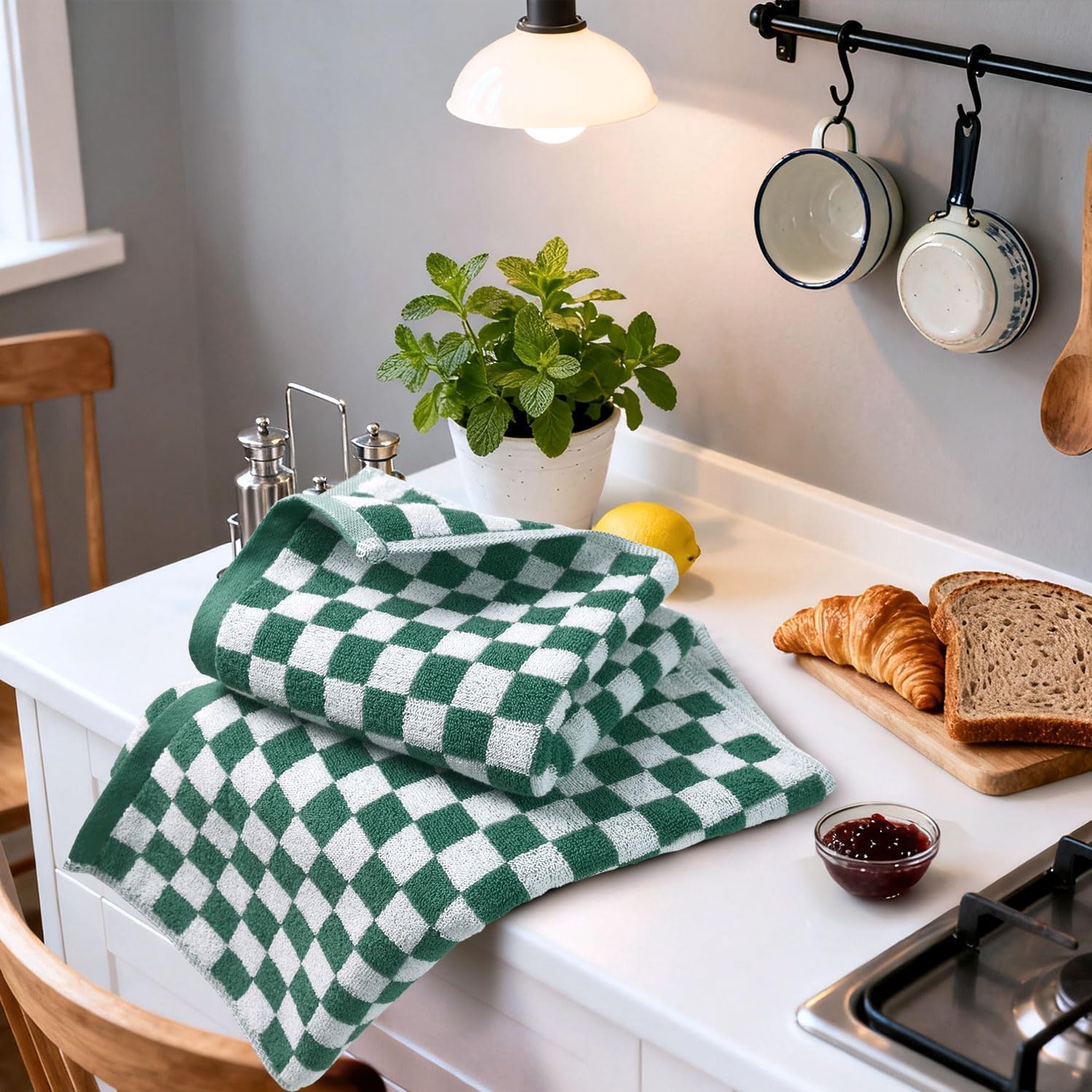 Jacquotha  and White Hand Towels 4 Pack, Cotton Decorative Bathroom Hand Towels & Checkered Kitchen Decor, 13" x 29": Green