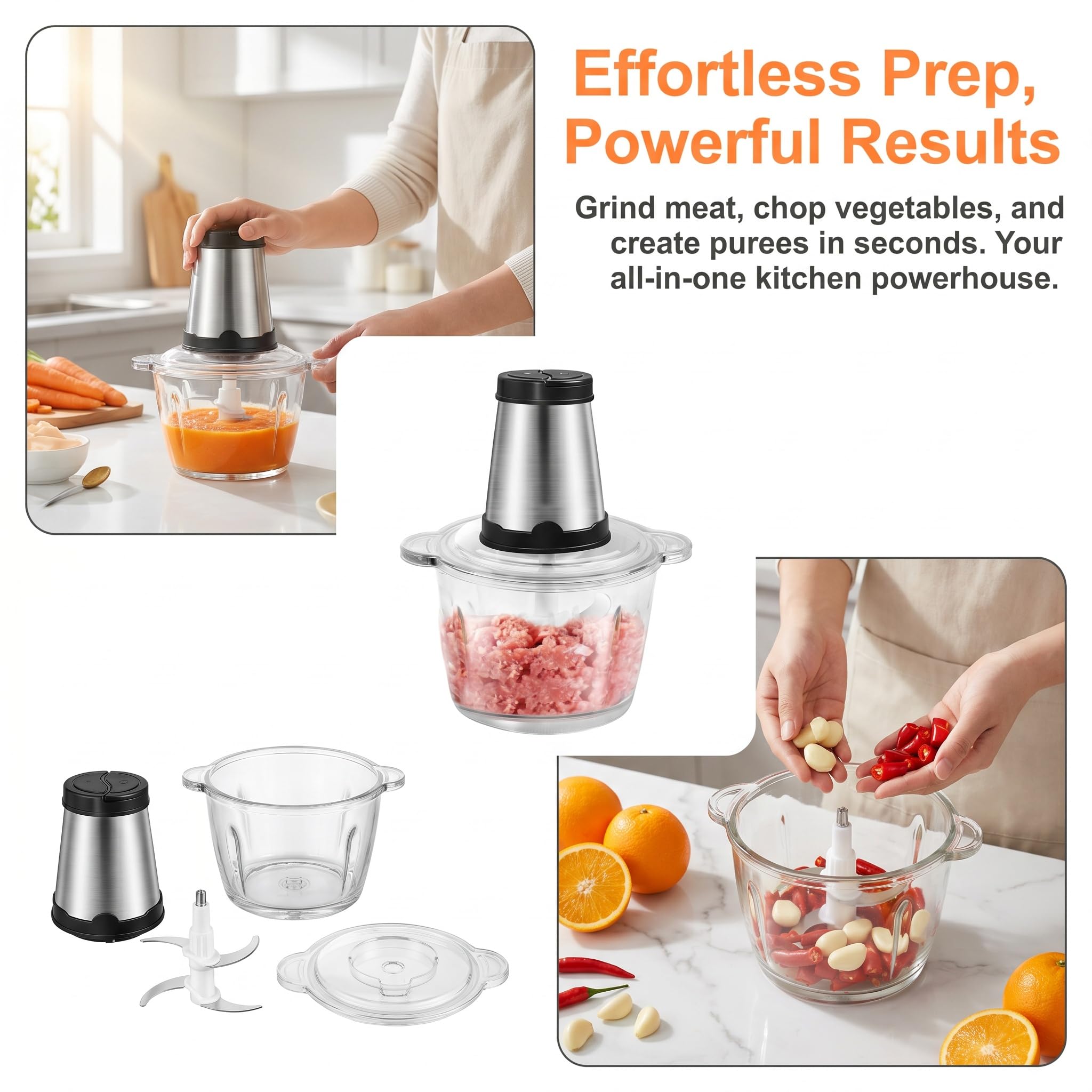Hachoir à Viande en Acier Inoxydable 3l, Robot Culinaire Et Mixeur électrique, Appareil De Cuisine Robuste pour Fruits, Ail, Noix