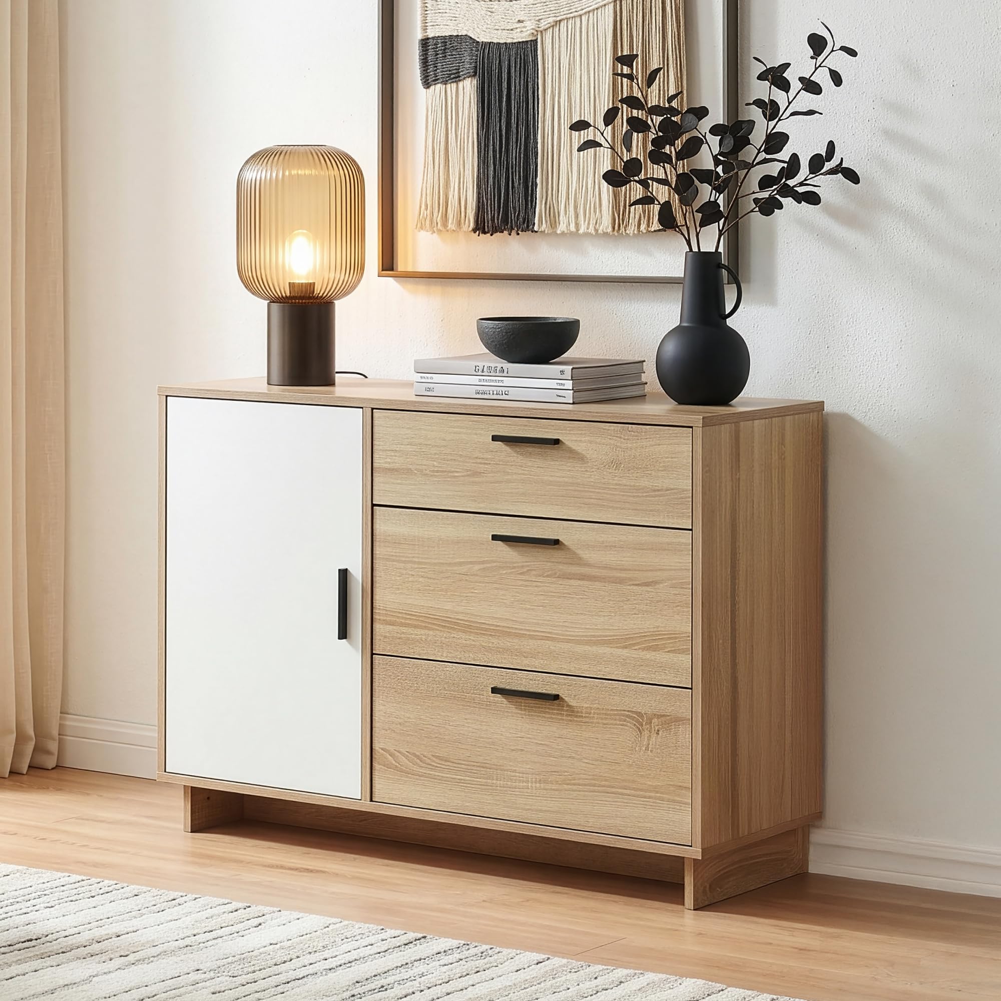 [en.casa] Aparador Kenta Cómoda Armario Bajo Mueble Recibidor con 3 Cajones y 2 Puertas Cajonera Multiusos Mueble Auxiliar 100 x 35 x 72 cm - Blanco y Efecto Roble
