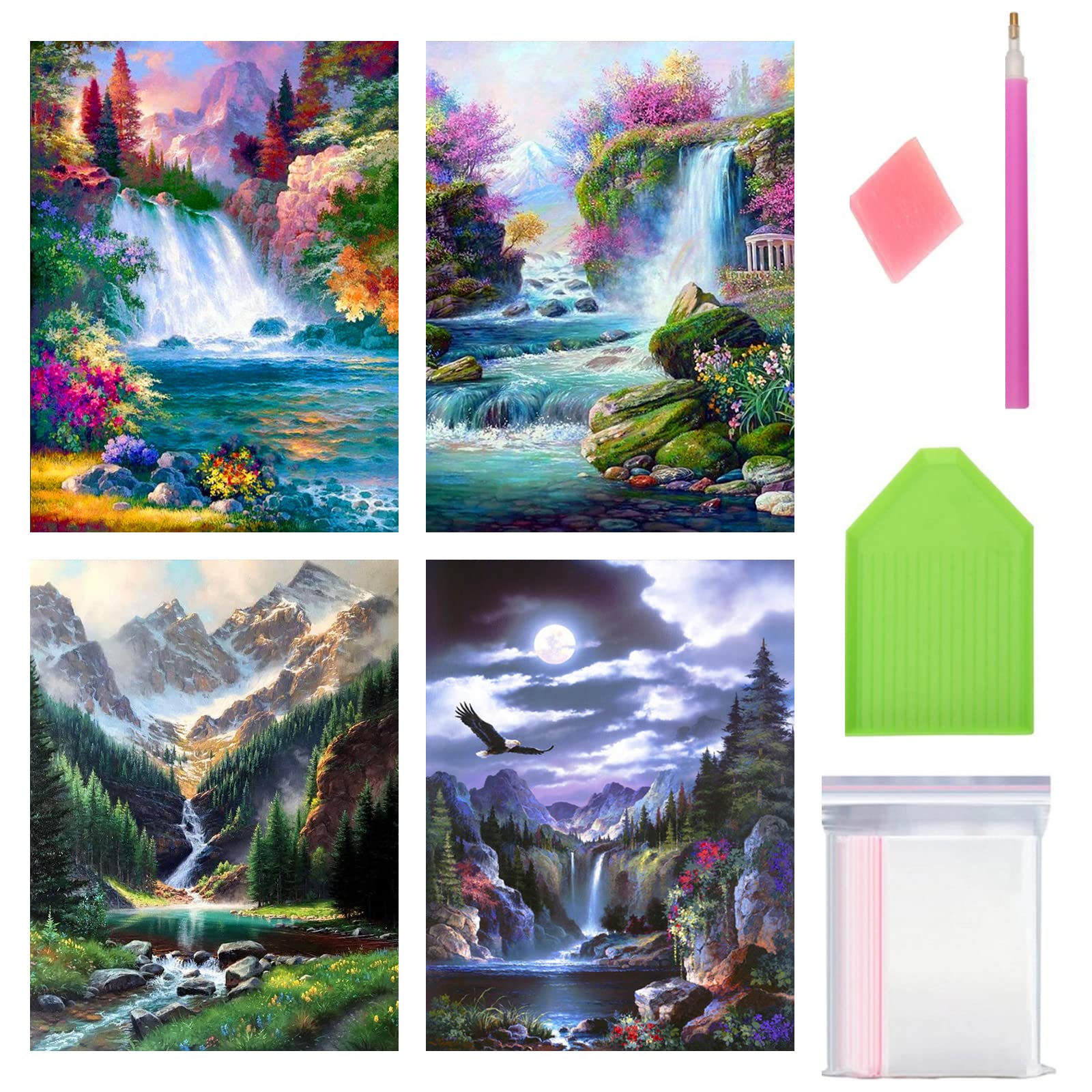 WHATWEARS Diamond Art Painting Kits 4 Pack 5D Nature Diamond DIY Painting for Adult Kids Full Drill Landscape Mountains Crystal Picture Painting with Diamond Kit for Home Wall Decoration 11.8X15.7"