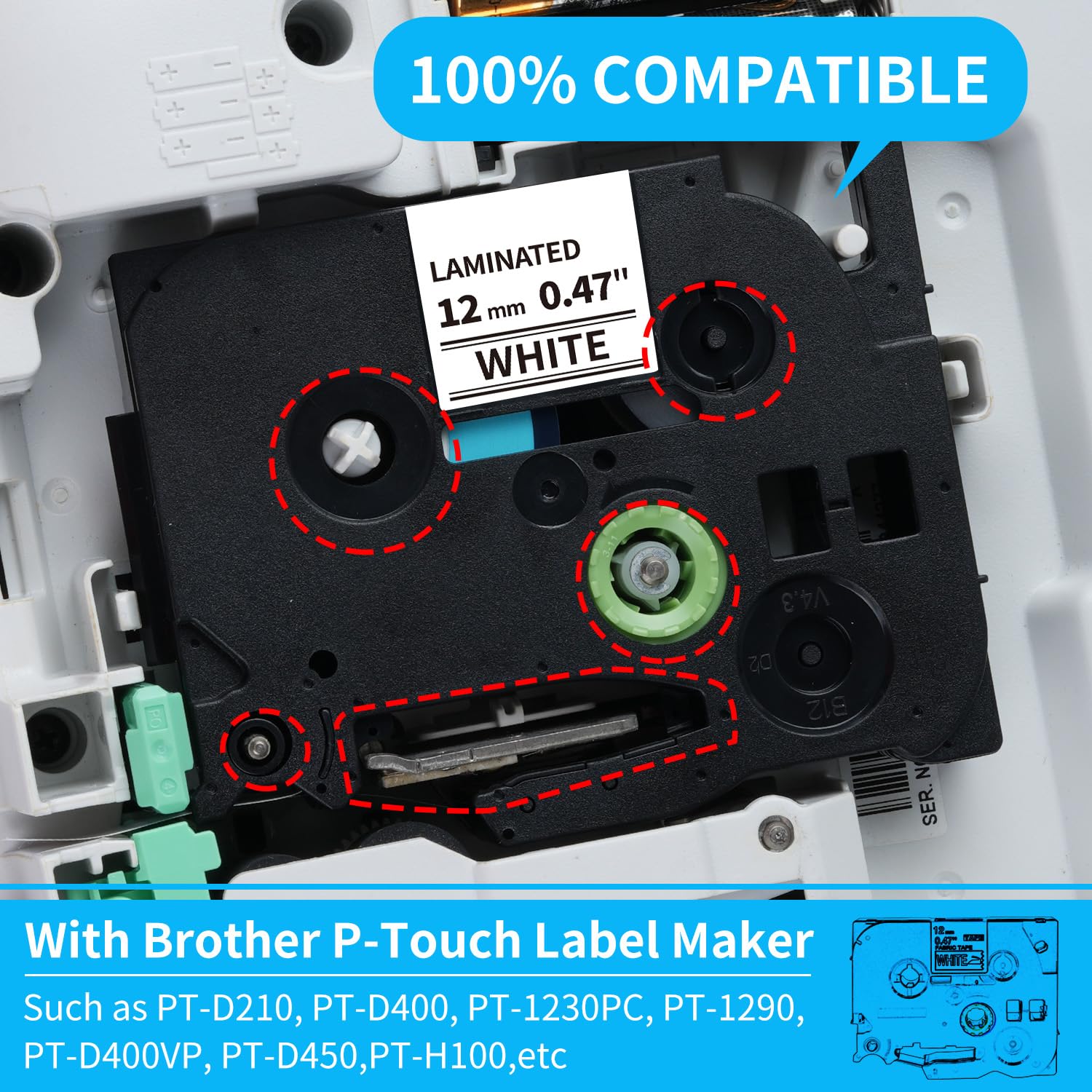 6-Pack P touch label tape 12mm 0.47 white TZ Compatible with Brother Label Maker Tape TZe-231 TZ-231, Work for Ptouch PT-D210 PT-H110 PT-D600 PT-D220 PT-D410,PT-D460BT, PT-1290, Black on White Tape 8m