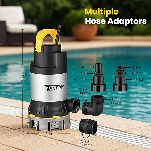 Miniatura 6 de Bomba de sumidero de 1 HP 4000 gph, bomba de agua sumergible de acero inoxidable limpiosucio, bomba eléctrica portátil para piscina, jardín, sótano,