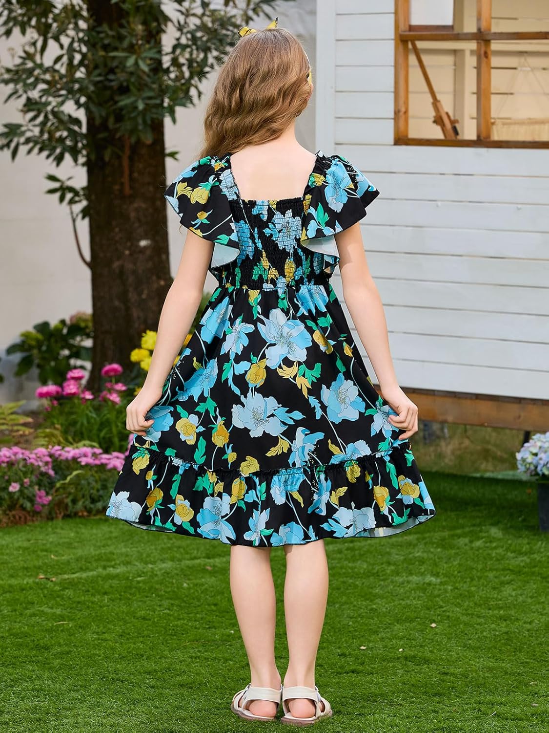 Haloumoning Girls Floral Summer Dress Kids Boho Ruffle Short Sleeve Square Neck Smocked Midi Dresses 5-14 Years - Image 5