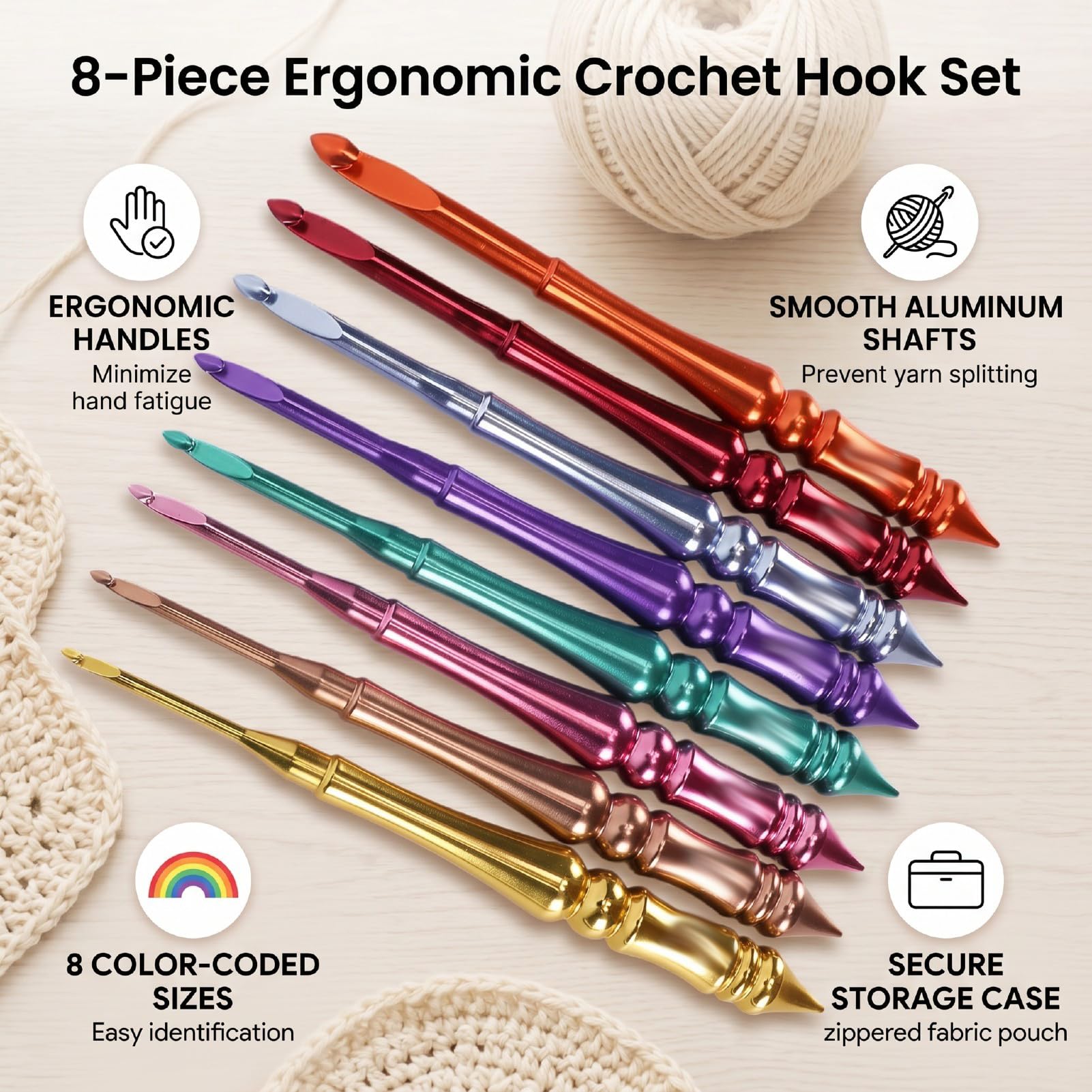 Cryfokt Zestaw 8 Ergonomicznych Szydełek, Kolorowe Uchwyty od 3,0 Mm do 7,0 Mm