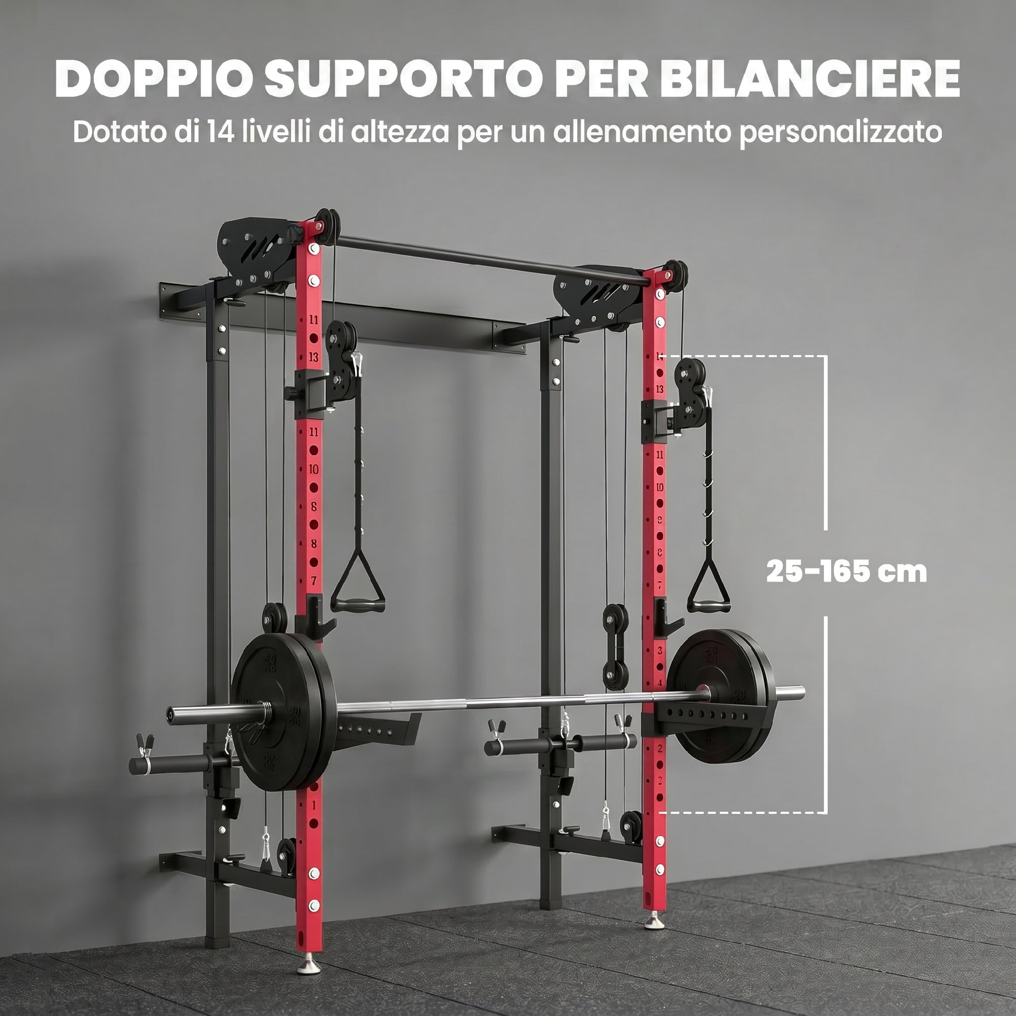 SPORTNOW Power Tower Pieghevole da Parete con Barra Trazioni Rosso | Rack Palestra, Sistema a Puleggia per Cavi, Squat Rack Multifunzione Regolabile 14 Livelli, Palestra Casa, Max 700 kg
