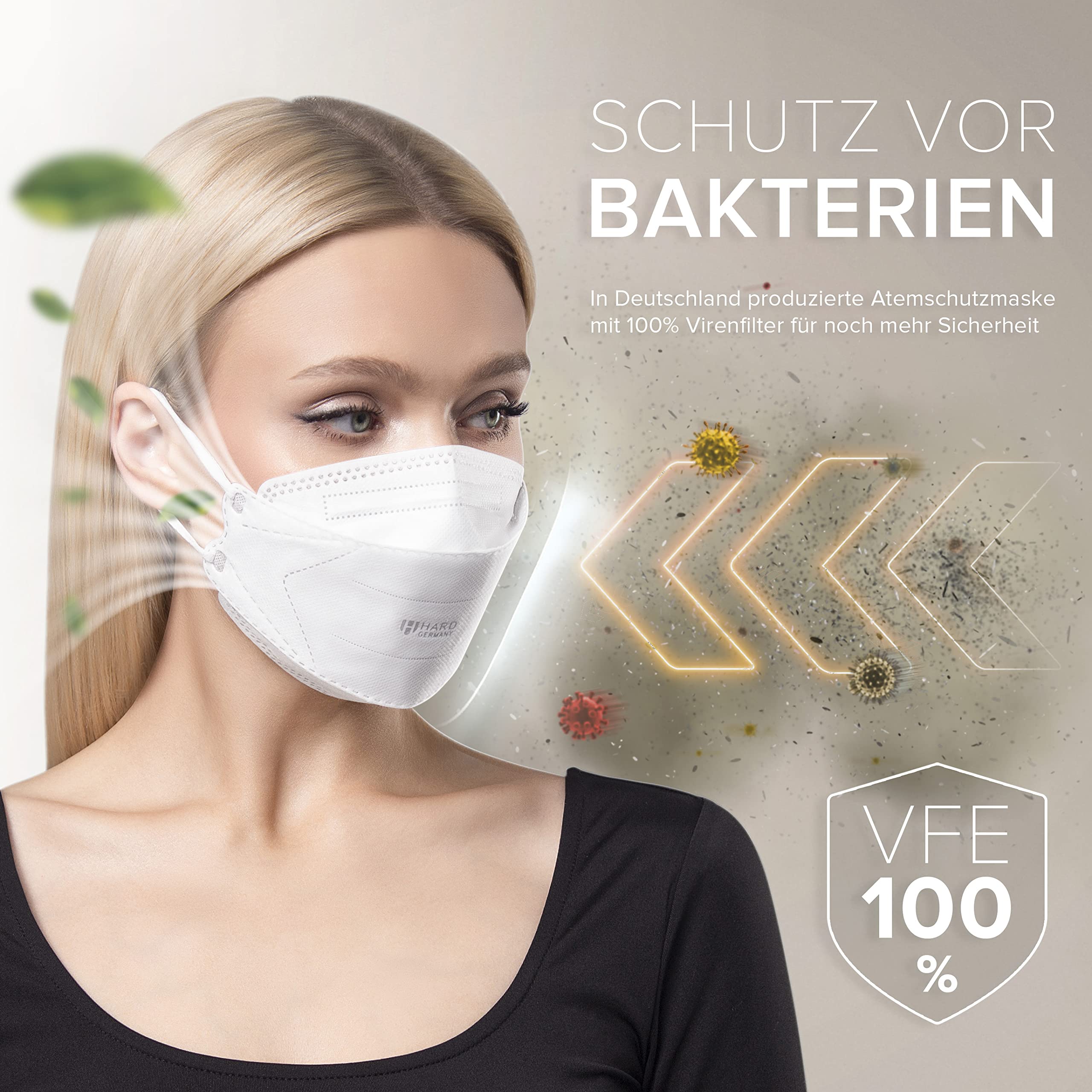 HARD Mascarillas FFP2 | protector bucal | protección respiratoria | respirador | Amigable con la piel - Transpirabl | Tamaño: Standard - embalaje individual - Blanco - 100 piezas