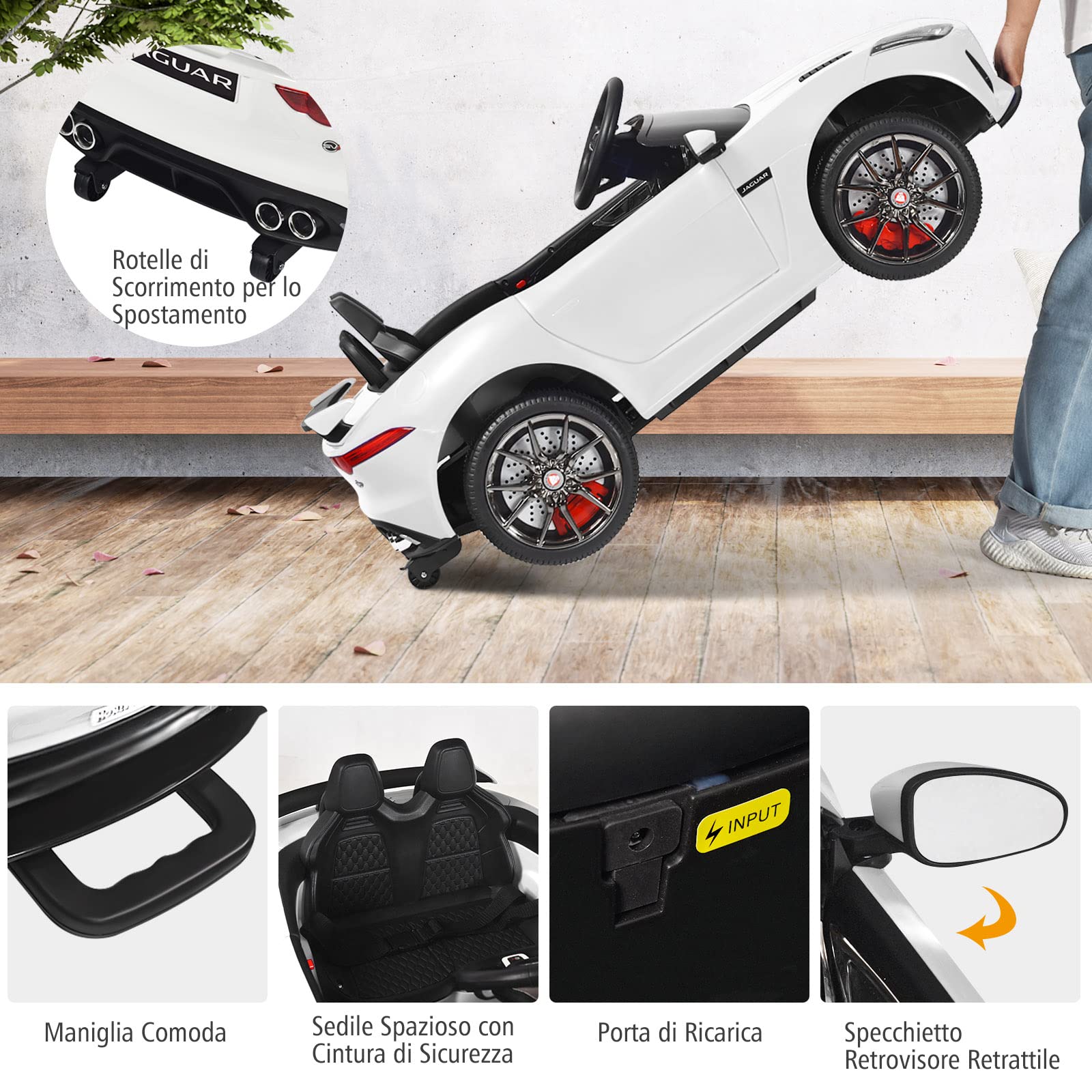 RELAX4LIFE Macchina Elettrica Jaguar F per Bambini 12V, con Telecomando 2.4G e Musica, USB, Luci LED e Clacson, 2 Portiere Apribili, 3 Anni+,107,5 x 66 x 50 cm(BIANCO)