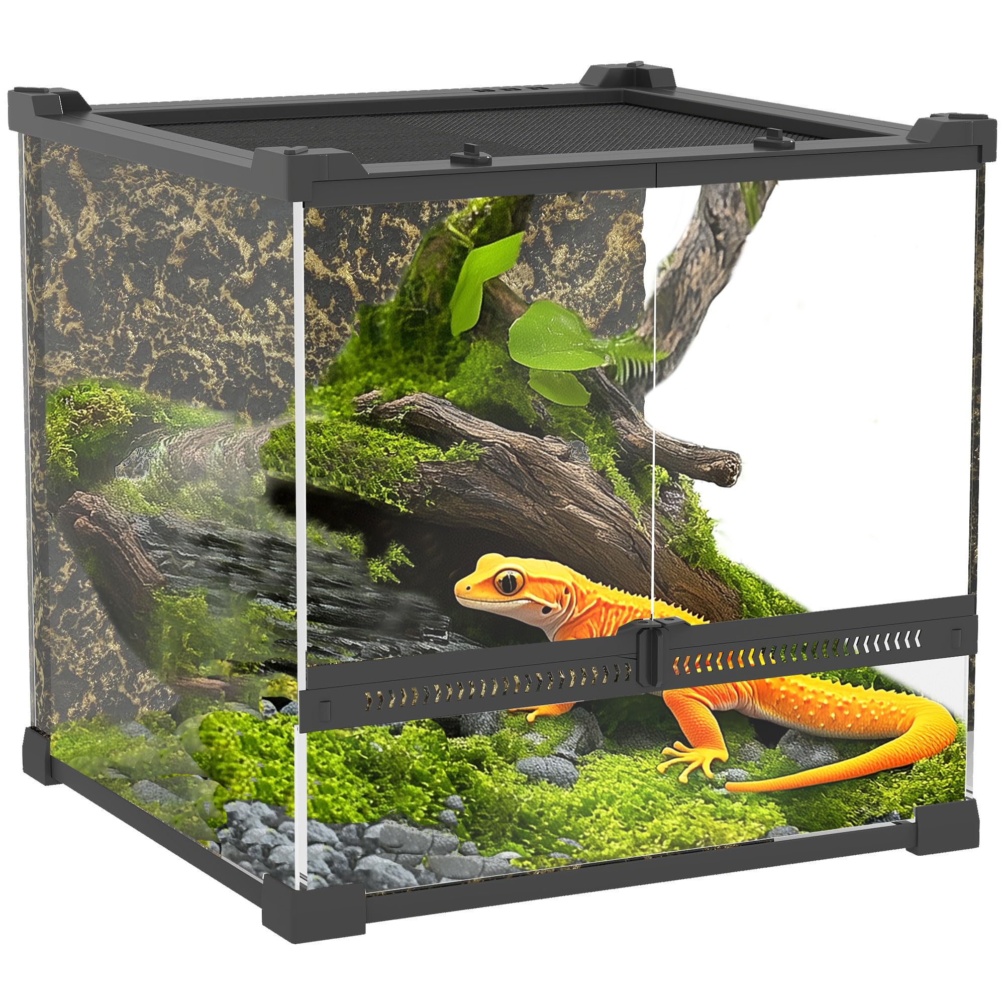 PawHut Terrario para reptiles, terrario de cristal, 24 l, caja de alimentación con ventilación frontal, pared trasera de piedra, cierre a prueba de roturas, caja de cultivo de reptiles para anfibios
