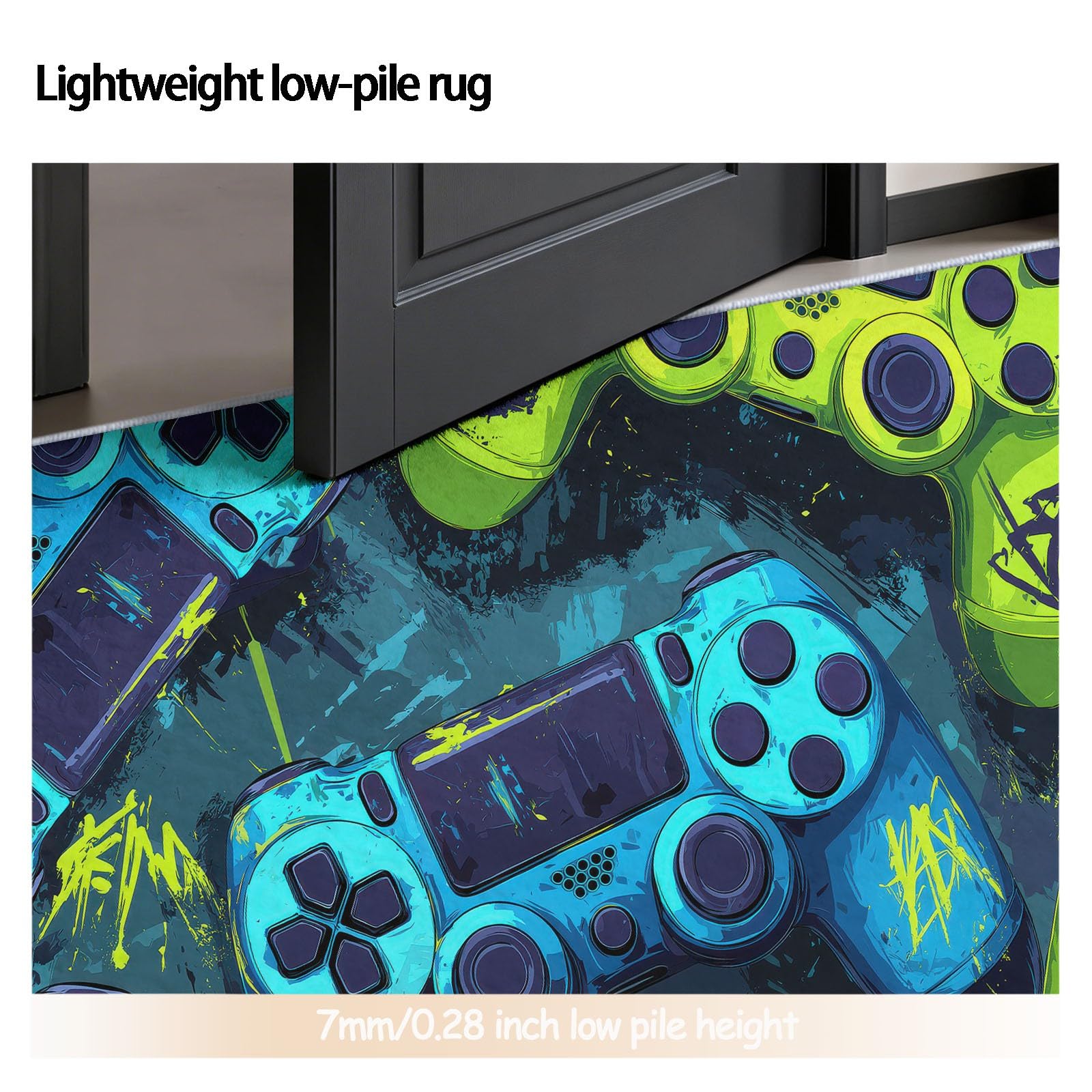 Generisch Teppich Rund 120 cm Kinderzimmer Gamer Gamepad Graffiti-Stil, Waschbar rutschfest Kurzflor, Runde Teppiche für Schlafzimmer Wohnzimmer Flur Gamer, Schwarz