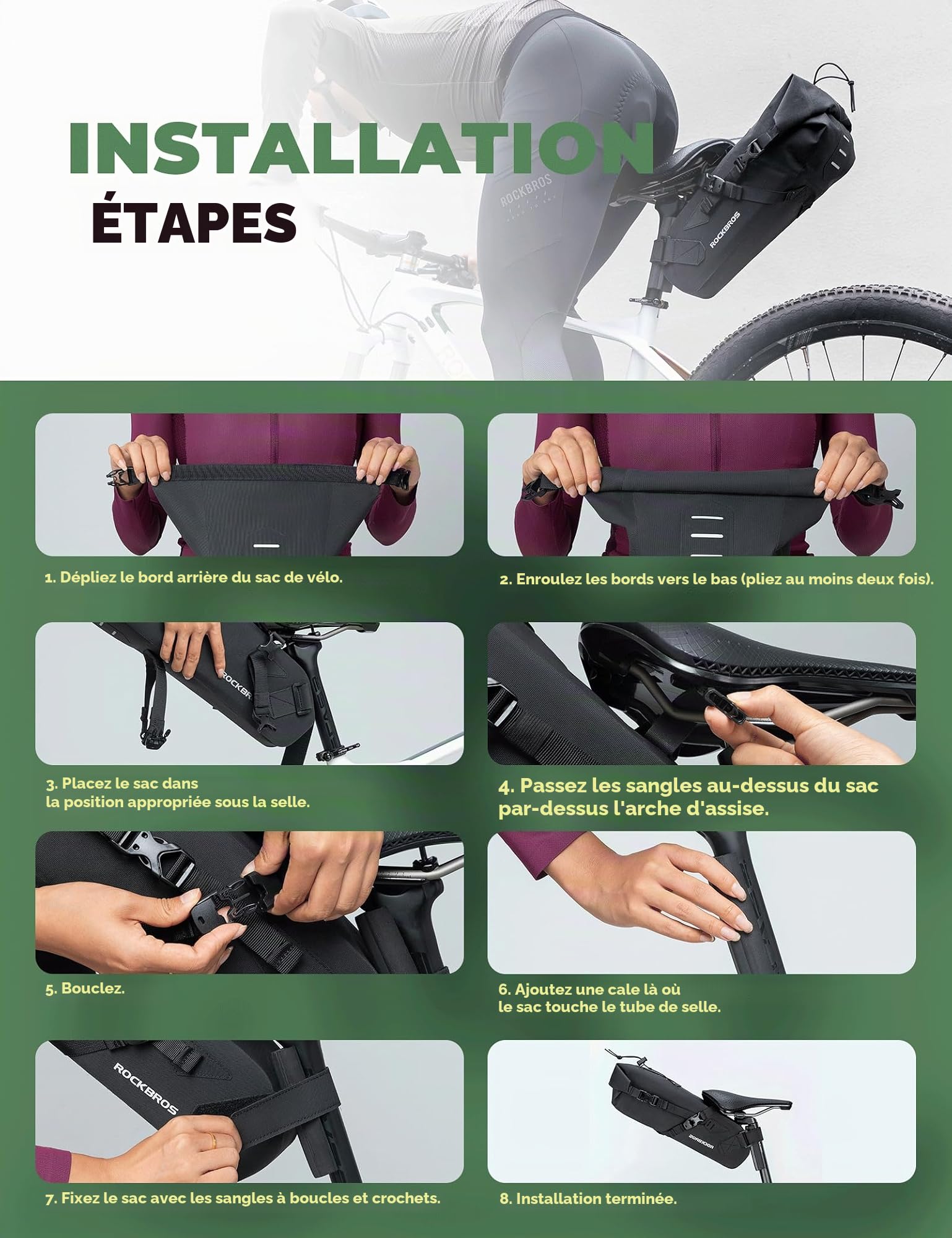 ROCKBROS Sacoche Selle Vélo 3-5L Arrière 3 Formulaires Sac Rangement Queue sous Siège VTT Pliable Feu Arrière Suspendu Porte Bagage Réfléchissant Vélo Course Route Gravel Électrique Étanche Noir