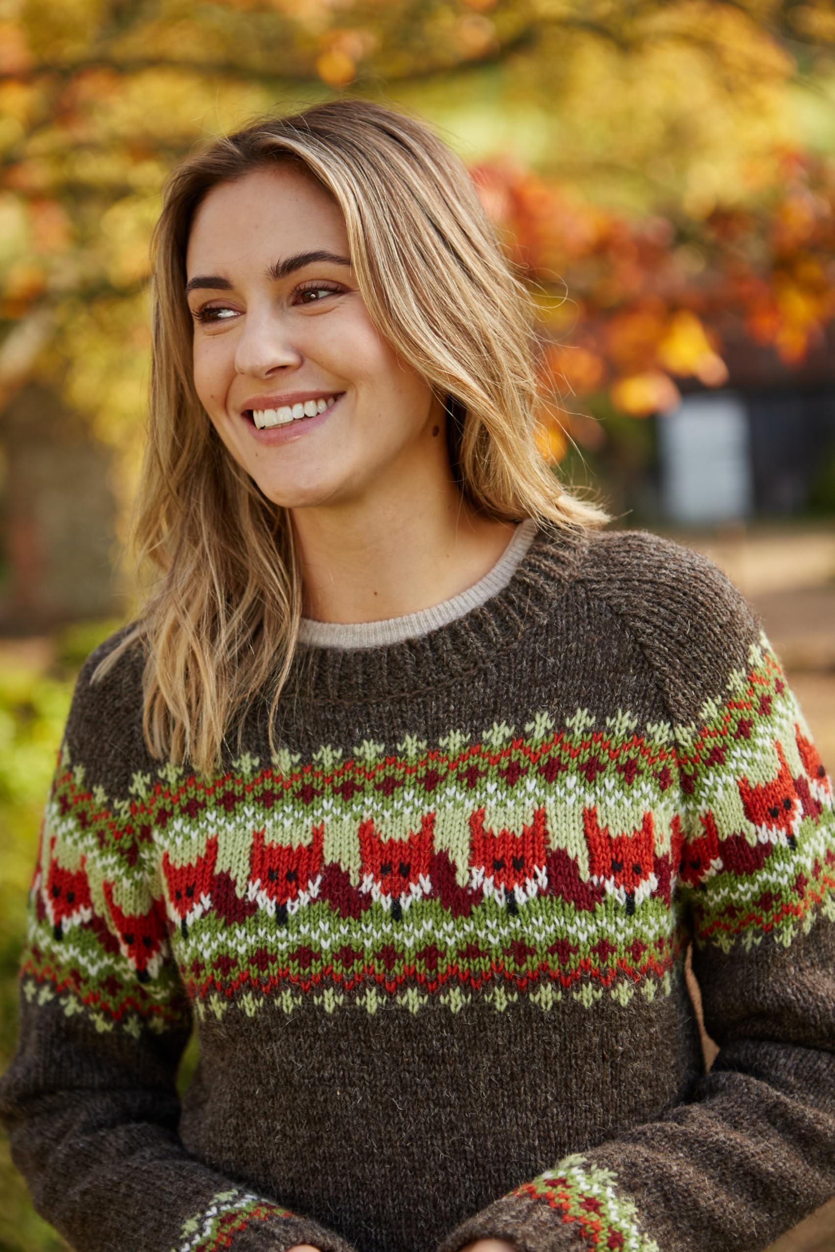 Pachamama Maglione da donna in lana lavorato a mano con volpe marrone multicolore fatto a mano spesso maglione caldo maglione commercio equo e