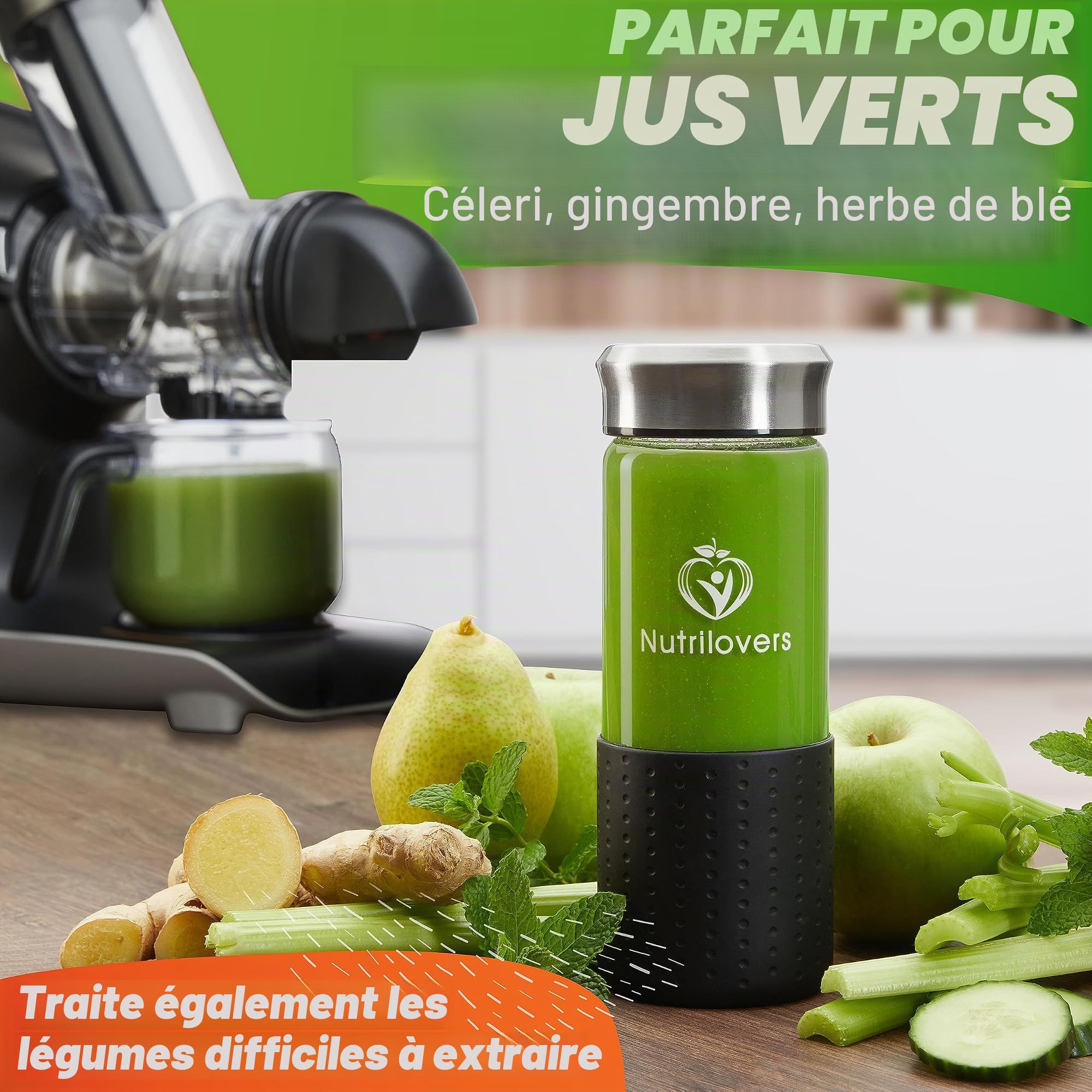 GREEN-PRESS EDELSTAHL Extracteur de jus à vis en acier inoxydable sans BPA pour fruits entiers céleri légumes et fruits test gagnant presse à jus électrique marque allemande Classe énergétique A+++