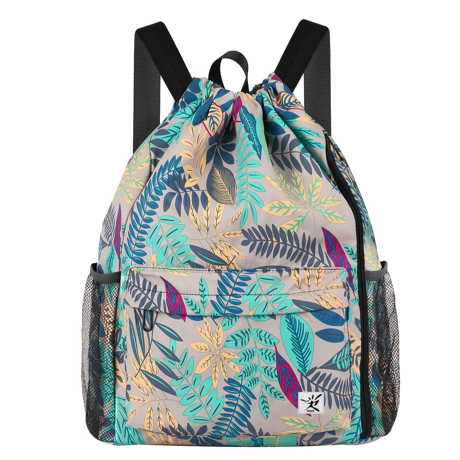Risefit Drawstring Backpack with Mesh Pockets String Gym Bag Sackpack Sandproof Water Resistant Beach Backpack for Men Women